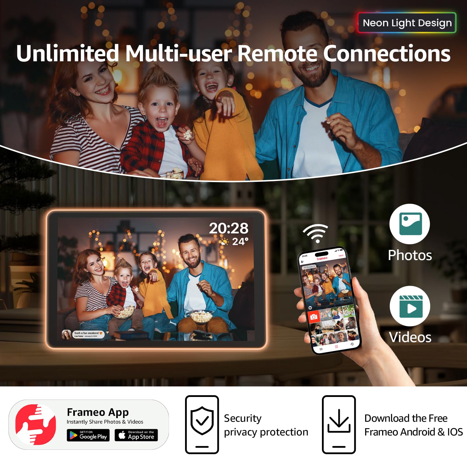 Apolosign Neon Light Digital Picture Frame, 10.1'' 1280 * 800 16:10 Ips Touchscreen, Frameo, Wifi, Sd Card, Led Auto Rotate Digi