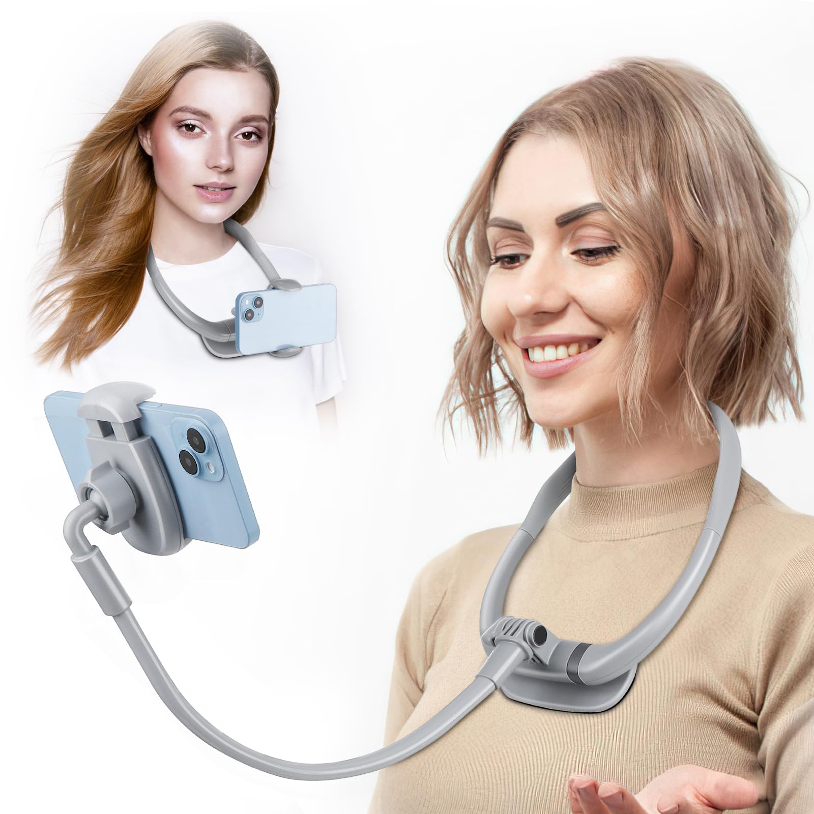 Cell Phone Stand, Neck Cell Phone Holder for Bed, Hand Free POV/Vlog Selfie Phone Neck Holder for Recording, Universal Multi-Fun