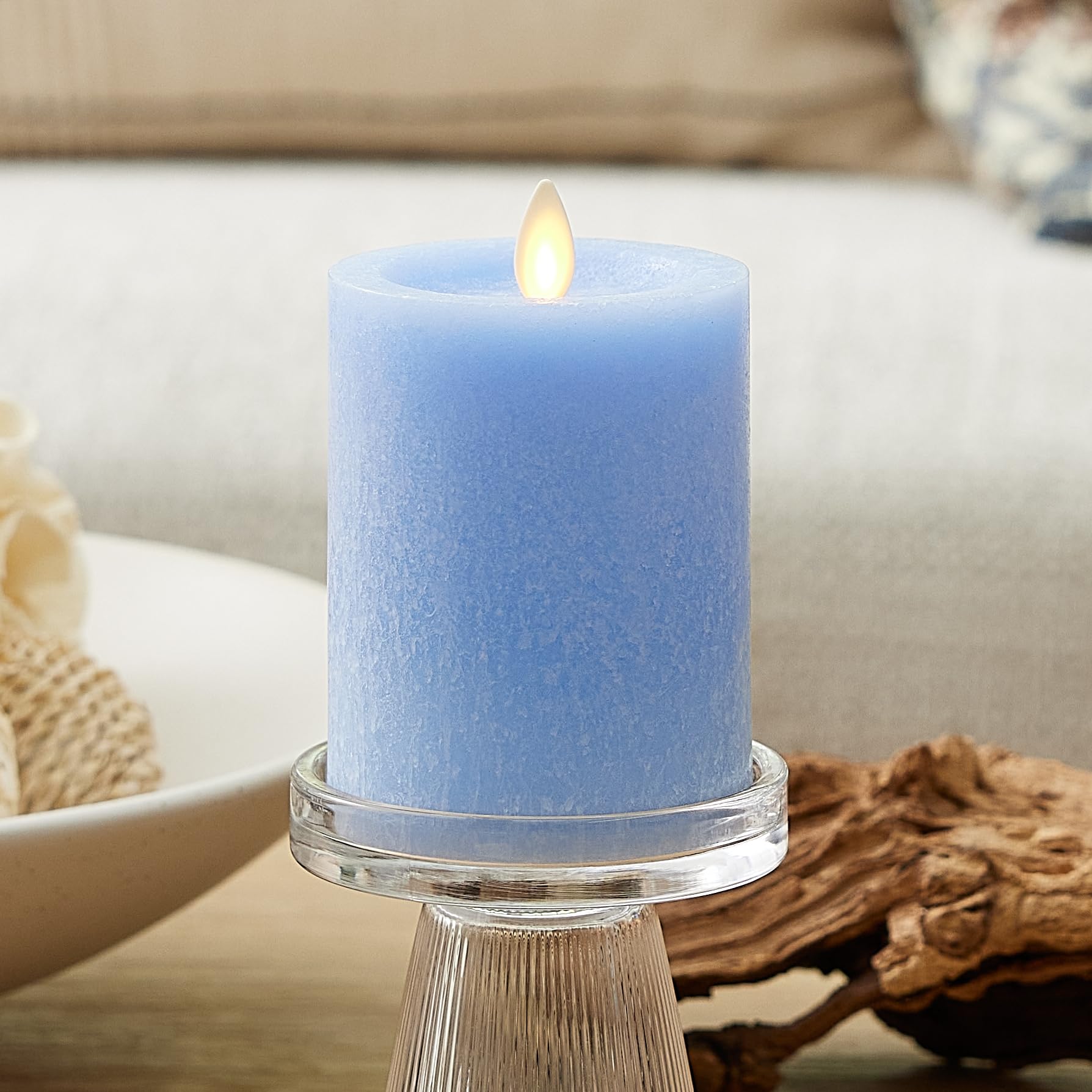 Luminara Sea Glass Flameless Candle, Cornflower 3'' X 4.5'', Moving Led Flame Pillar With Timer, Battery Operated, Real Wax, Uns