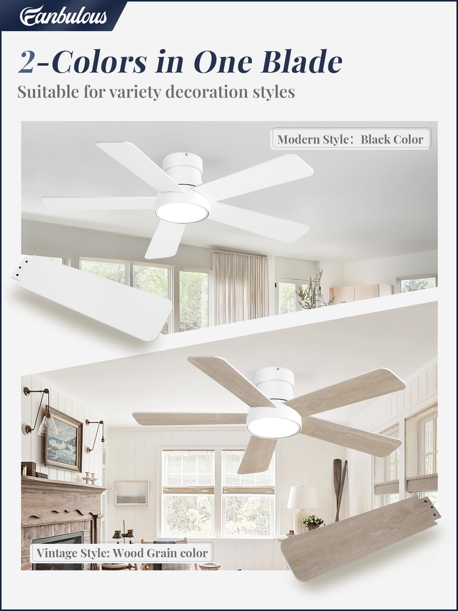 42 Inch Ceiling Fans With Lights And Remote,Outdoor Indoor Modern Flush Mount Ceiling Fan With 3Cct 6 Speed Quiet Dc Motor,White