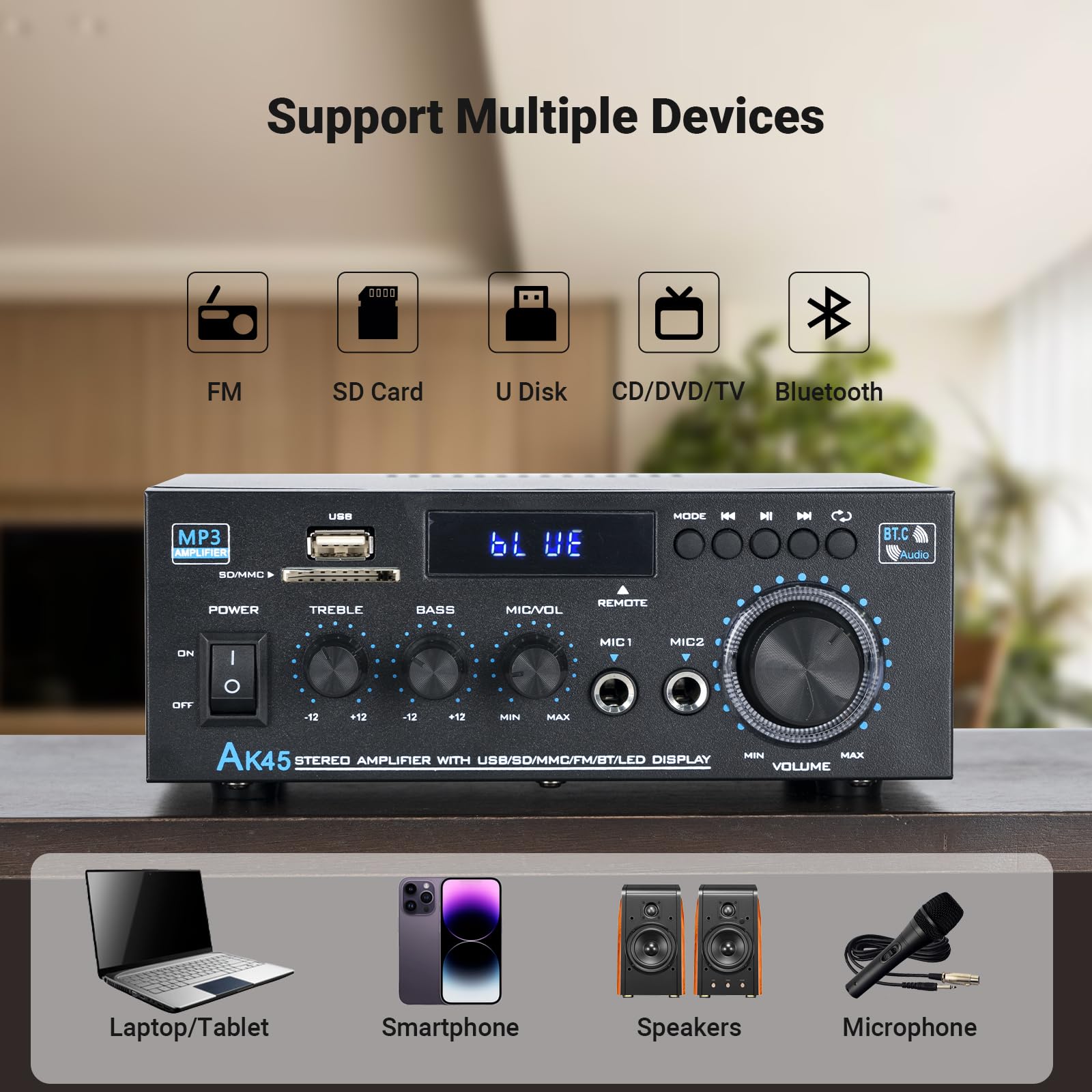 Stereo Receiver & Amplifier Home Audio Amp, Ak45 Bluetooth Amplifier For Passive Speakers, 300Wx2, Bluetooth 5.0, 2 Channel, W/F