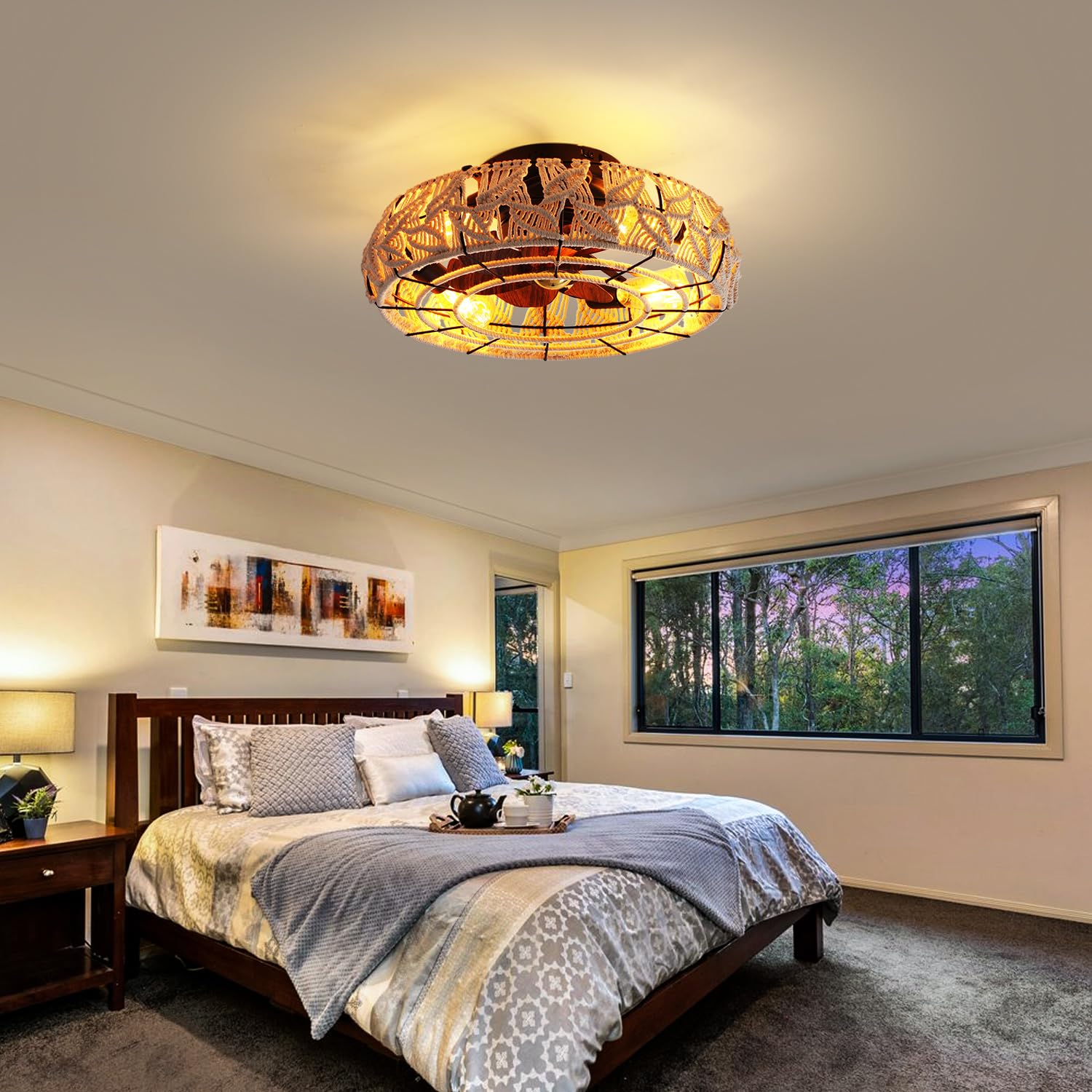 Xudom Boho Caged Ceiling Fans With Lights And Remote 20'' Flush Mount 6 Speed Reversible Enclosed Low Profile Handmade Cotton Ro