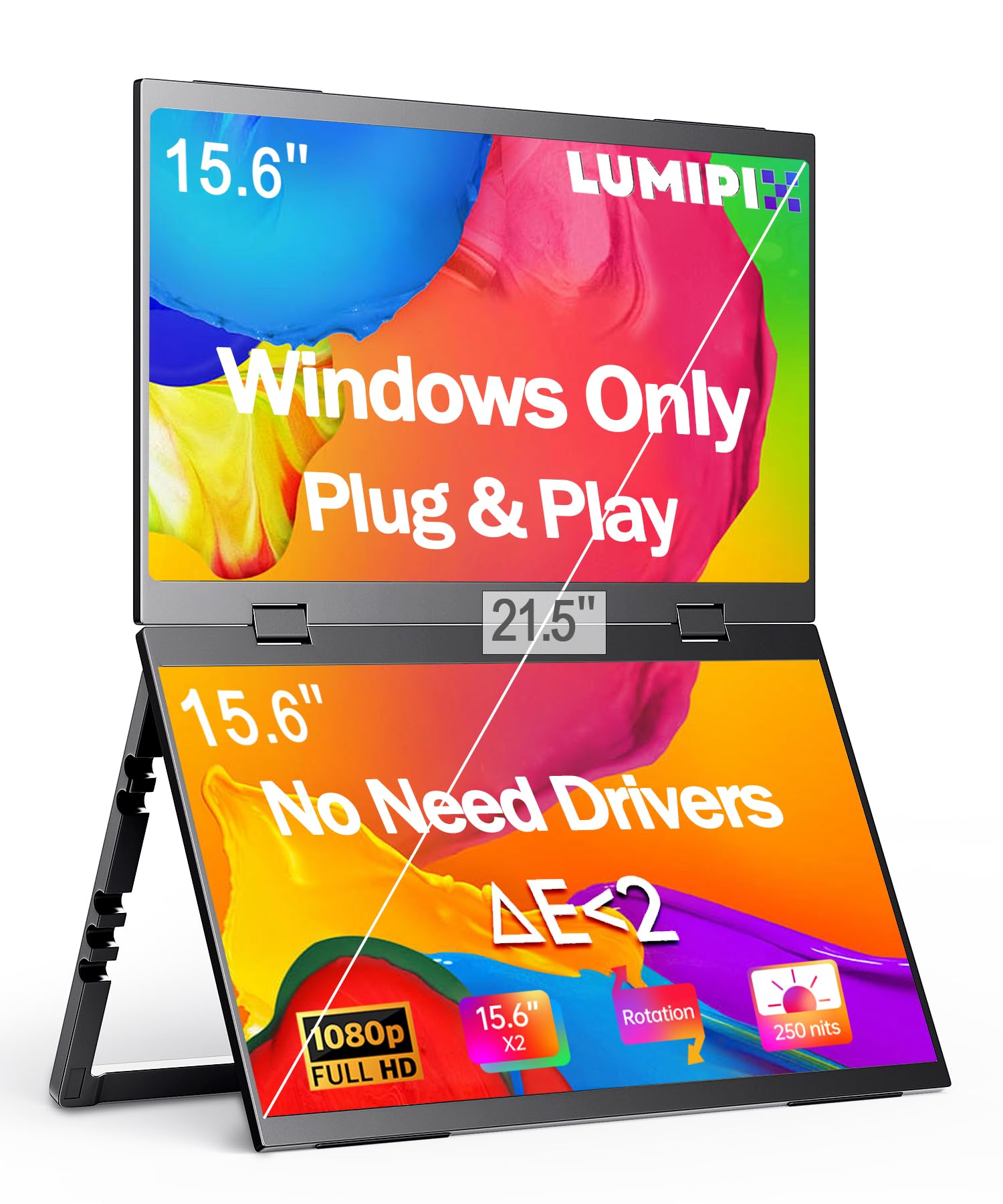 LUMIPIX Portable Monitor 15.6 Foldable Dual Screen | Plug & Play for PC/Android/Switch/Xbox/PS5 | FHD 1080P HDR Foldable Travel 