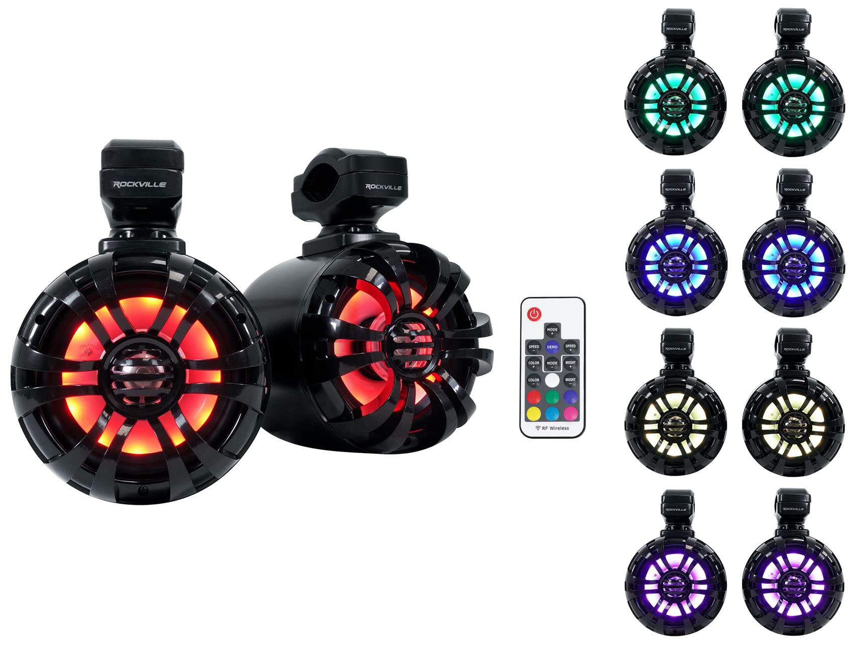 Rockville WB50KLS (Pair) Black 5.25 250W Stainless Steel Marine Wakeboard Tower Speakers 360 Swivel Mount w/LED Lights Waterproo