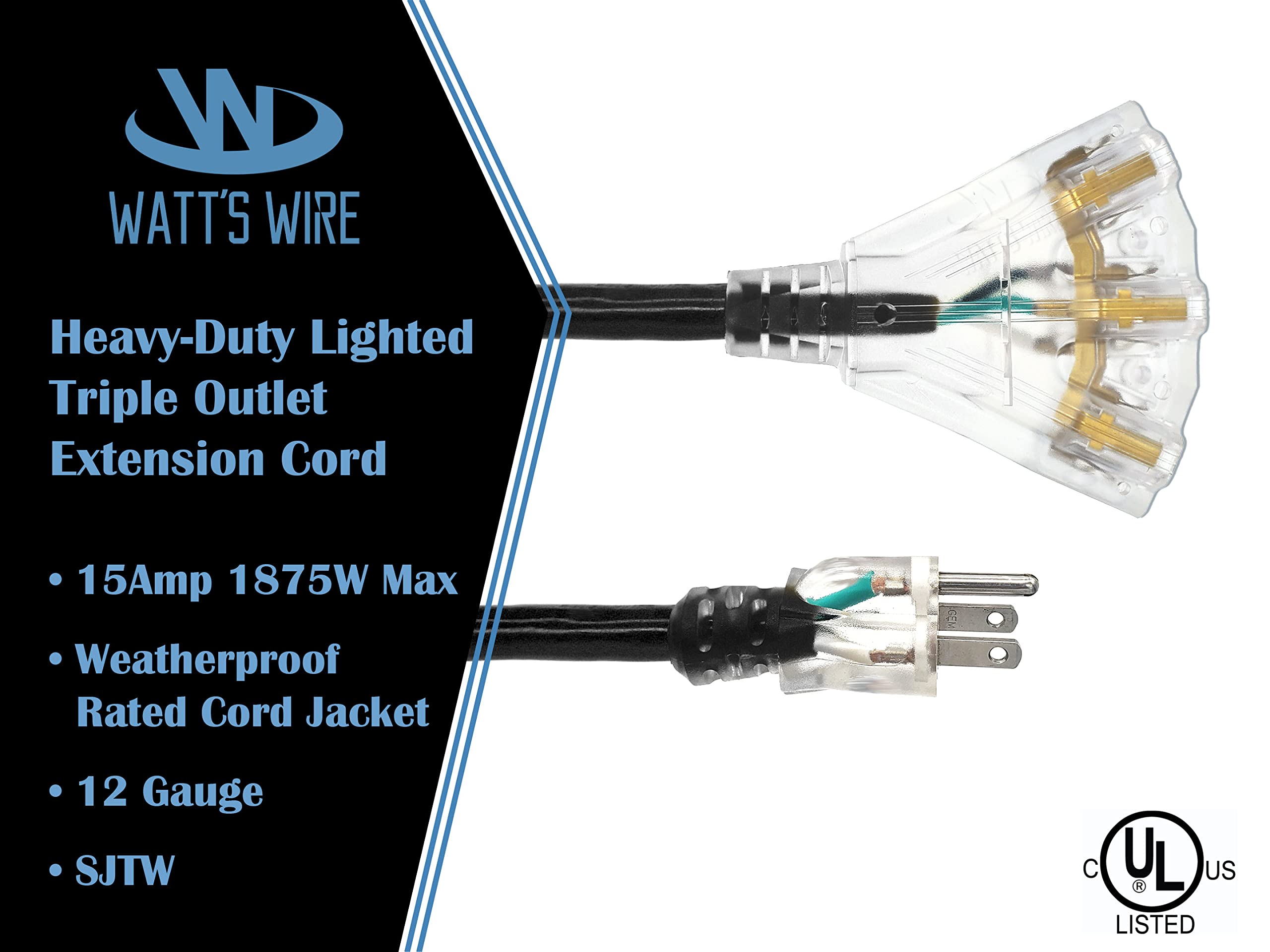 10 Ft   12 Gauge Heavy Duty Extension Cord   3 Outlet Lighted Sjtw   Indoor/Outdoor Extension Cord By Watt'S Wire   10' 12 Gauge