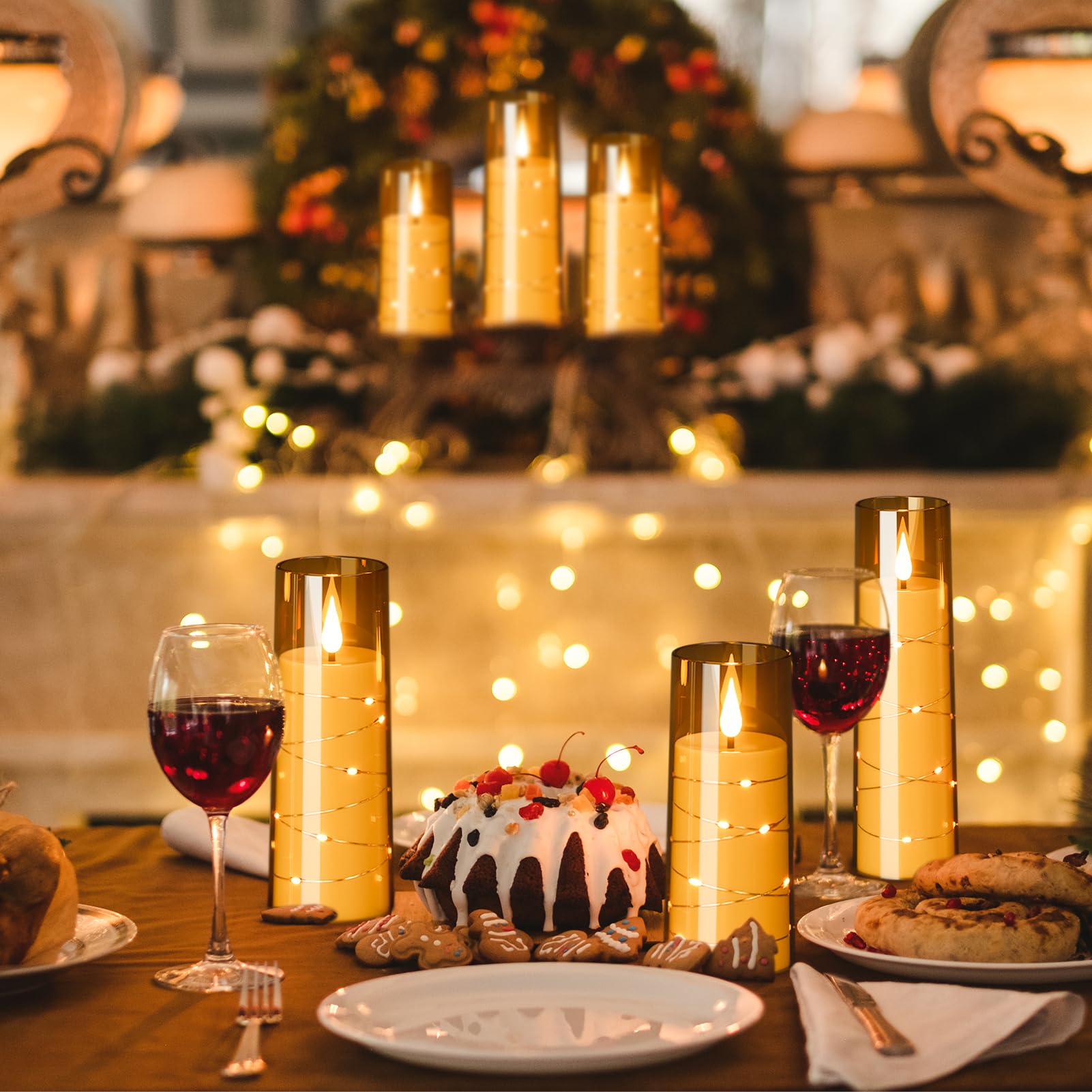 Genswin Flickering Flameless Candles With 3 Remote Timer, 9 Pack Battery Operated Candles With Embedded Star String, Gold Led Ba