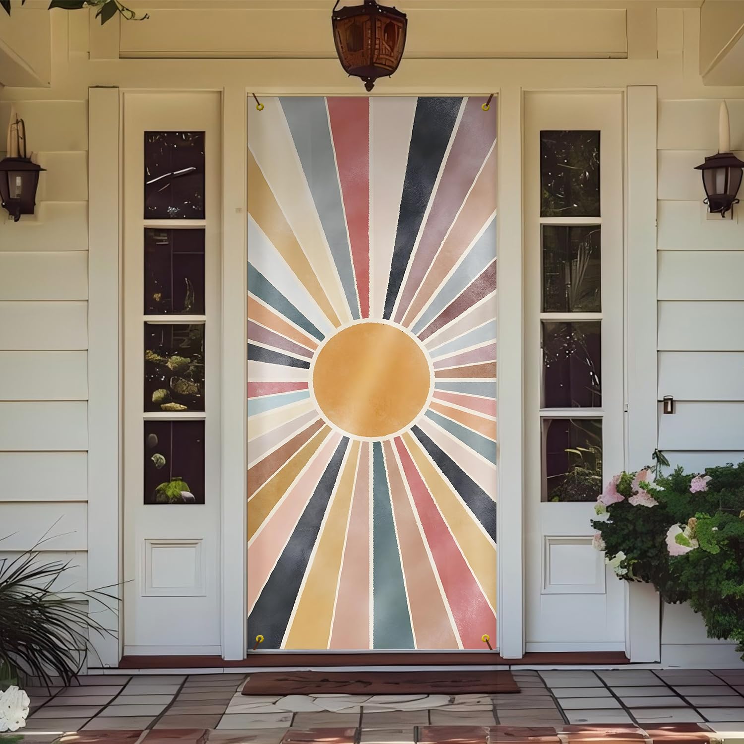 Likjad Retro Boho Sun Door Cover Decorations, Boho Colorful Sunshine Door Covers Banners Photography Background Backdrop for Fro