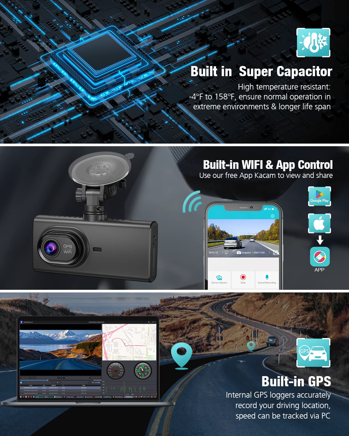 4K 3 Channel Dash Cam With 64Gb Card, 4� Ips Touch Screen Built In 5G Wifi & Gps Dash Cam Front And Rear Inside 4K+1080P+1080P, Ir Night Vision, 170�Wide Angle, Wdr, Parking Mode, G Sensor