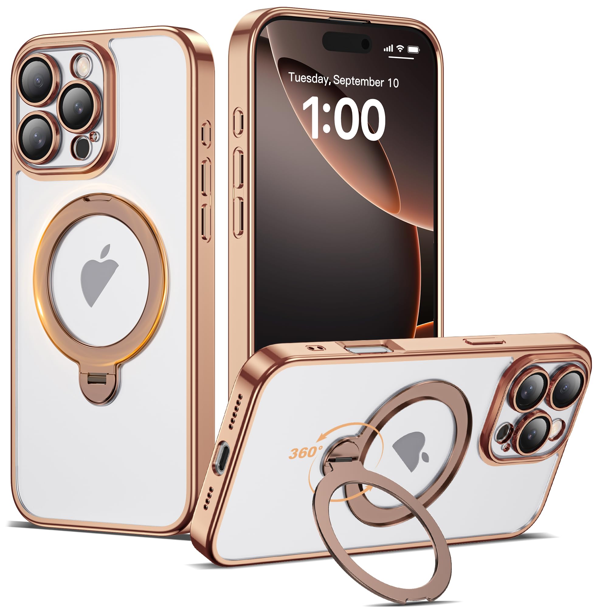 AmoraAqua Compatible with iPhone 16 Pro Max Case with 360 Spin Magnetic Ring Stand [Compatible with Mag-Safe] Camera Lens Protec
