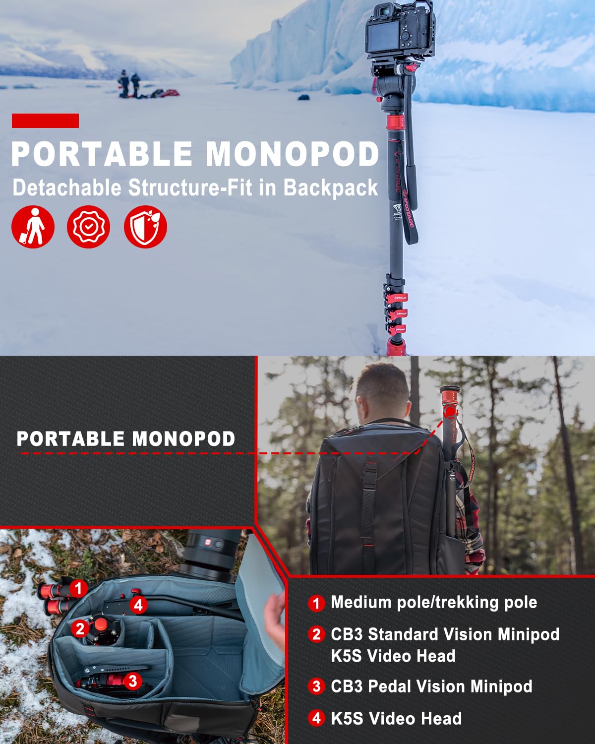 Ifootage Monopod For Camera 71'' Cobra 3 A180F,Quick Adjust Monopod With Feet, 3 In 1 Monopod,Walking Stick,Cb3 Base Tripod,For