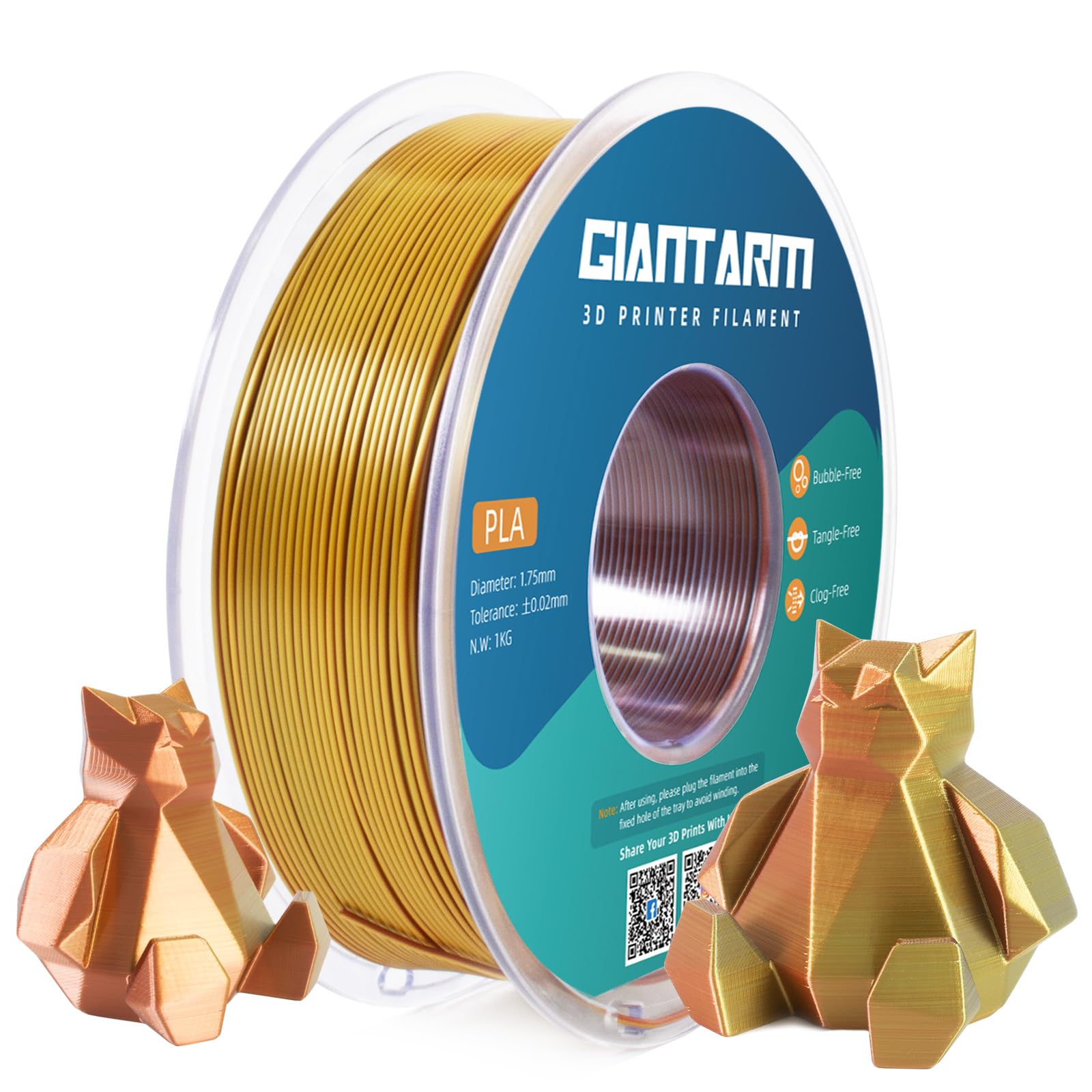 Giantarm Tri Colors Silk Pla Filament, 3D Printer Filament 1.75Mm +/ 0.02Mm, 1Kg (2.2Lbs) Spool, Vacuum Packaging (Gold+Silver+C