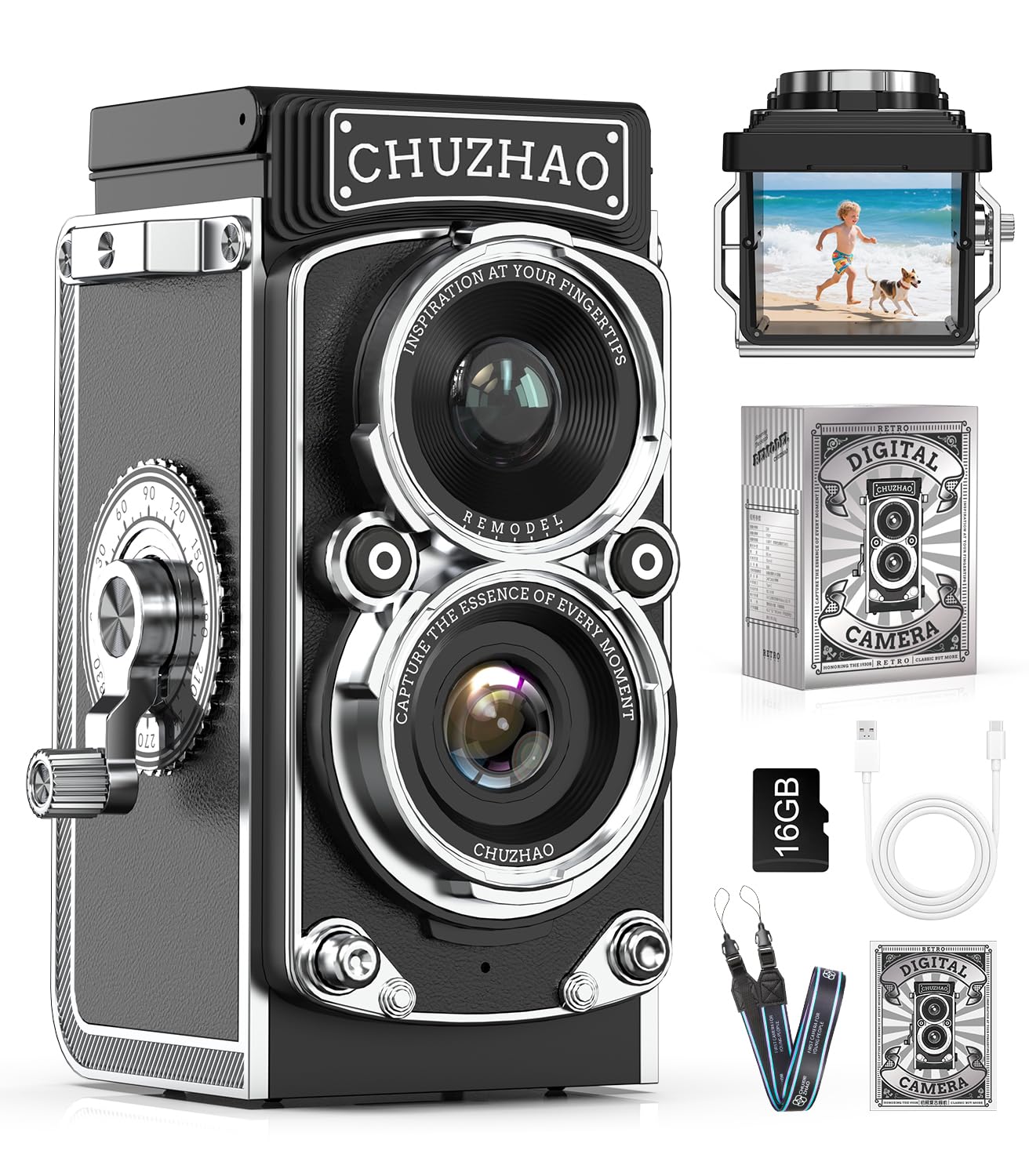 CHUZHAO Digital Camera Retro, Portable TLR Style Twin-Lens Vintage Camera, 12MP Autofocus 1080P FHD Point and Shoot Pocket Vlogg