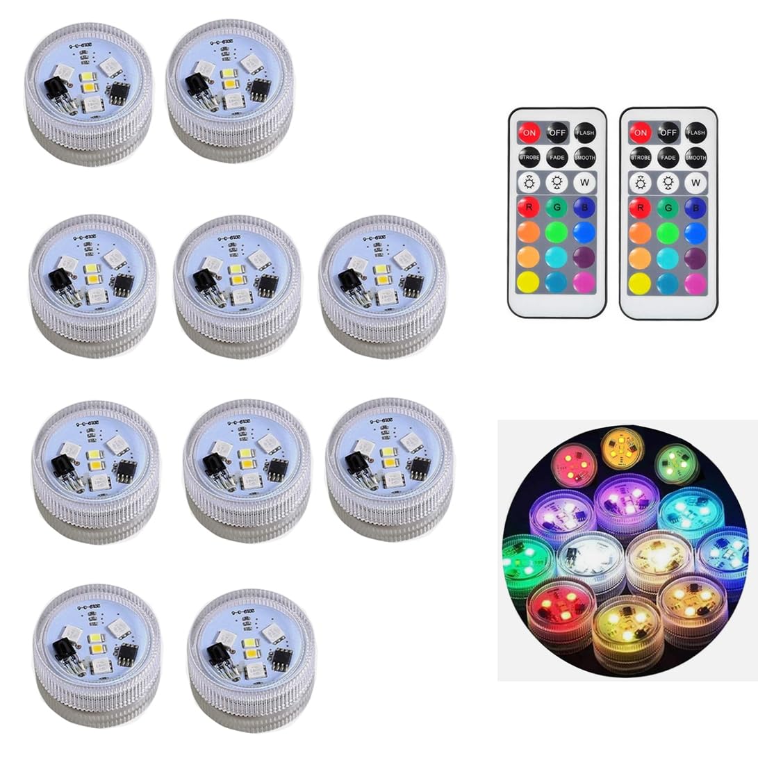 KEMANI Mini Submersible Led Lights,10pcs Small Underwater Tea Lights Candles Waterproof with 2 Remote Battery Operated, RGB 13 M