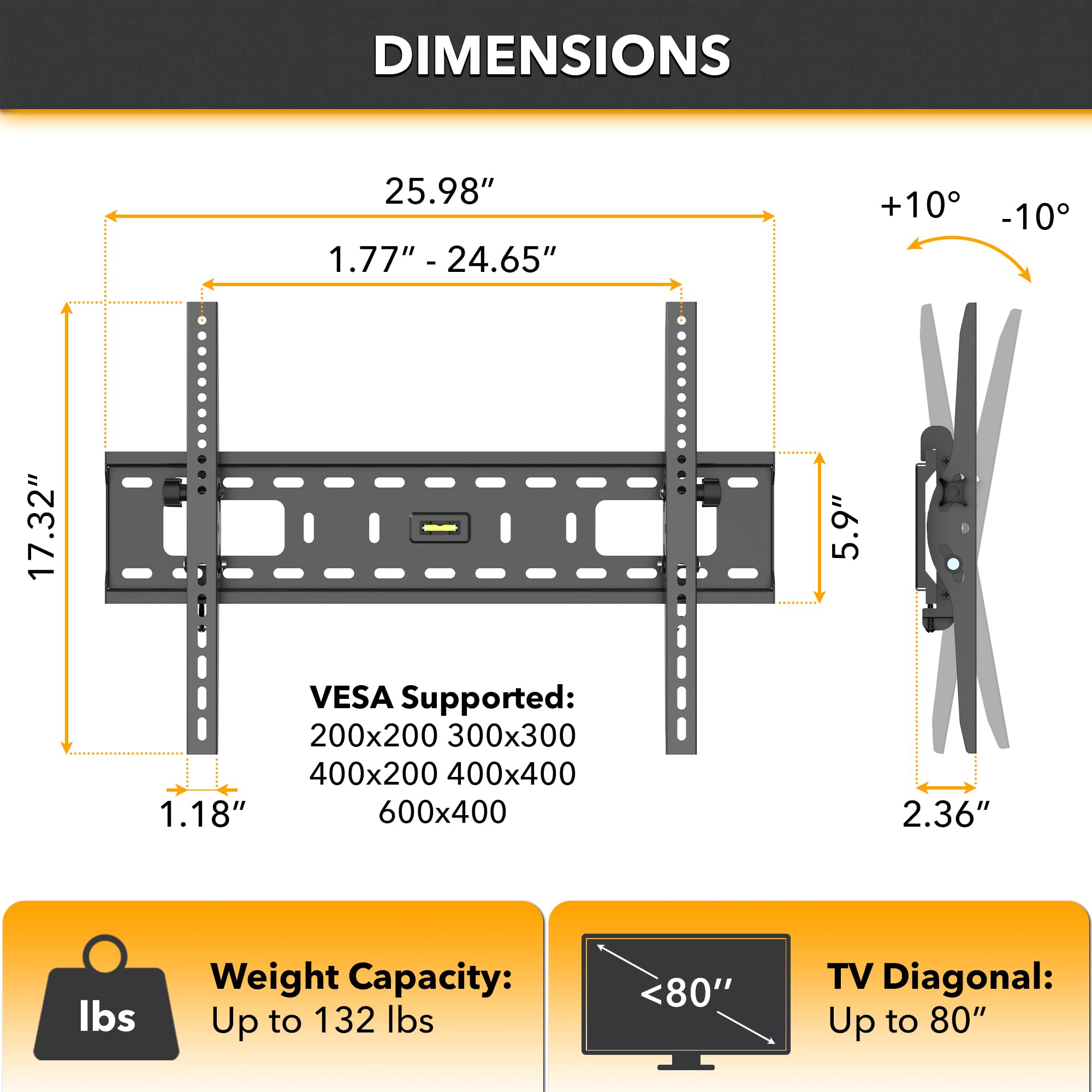 Condomounts Tvt8064 Tilting Tv Wall Mount For Metal Stud Drywall | Tv Mount Metal Studs | Studless Tv Mount | 132Lbs Capacity |
