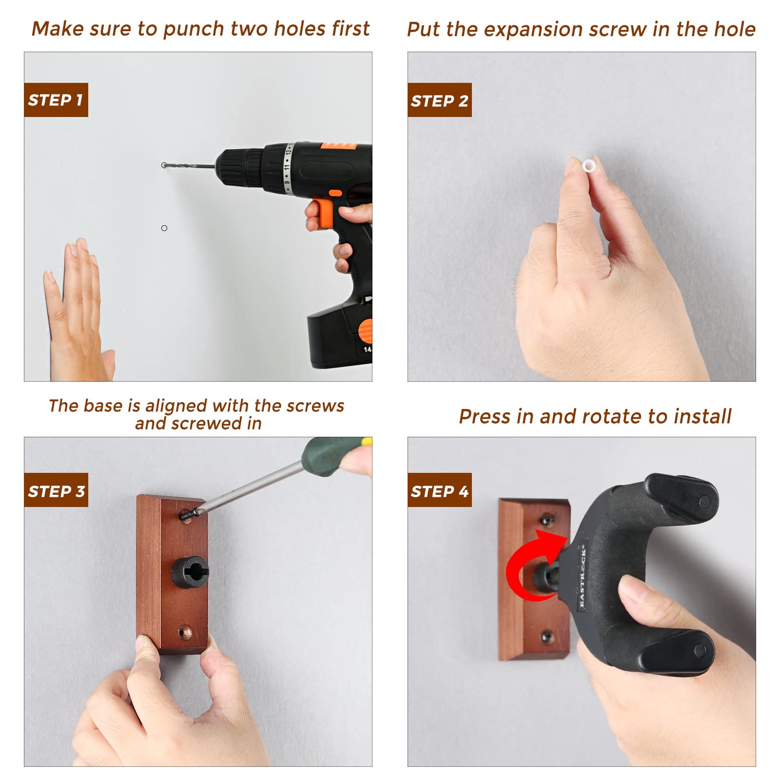 Eastrock Guitar Wall Mount Locking, Hardwood Guitar Hanger Wall Mount Auto Lock, Adjustable Rotatable Guitar Holder Stand For Ac