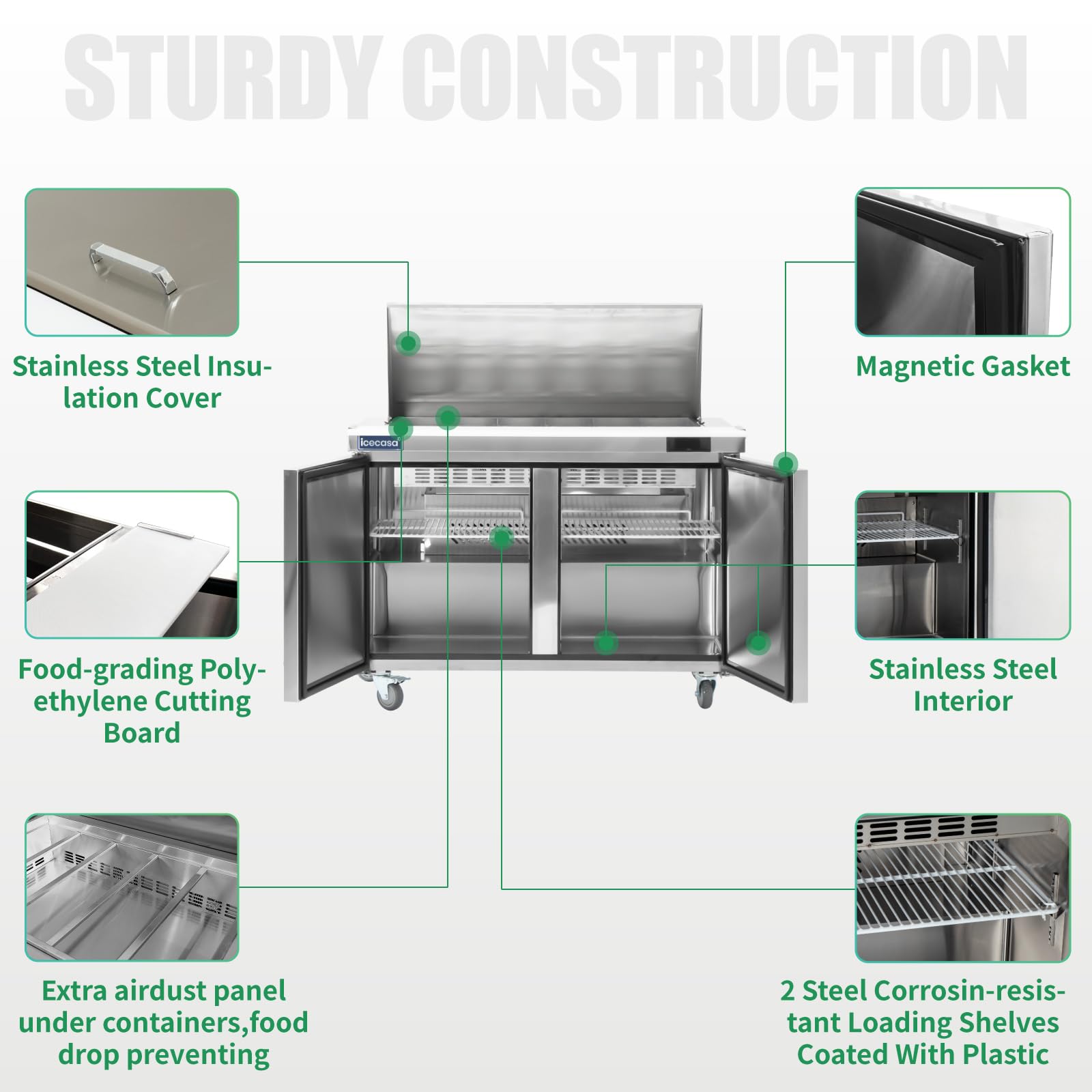 Icecasa 48'' W Commercial Refrigerator Sandwich&Salad Prep Table Mega Top Single Door Stainless Steel Counter Fan Cooling Refrig