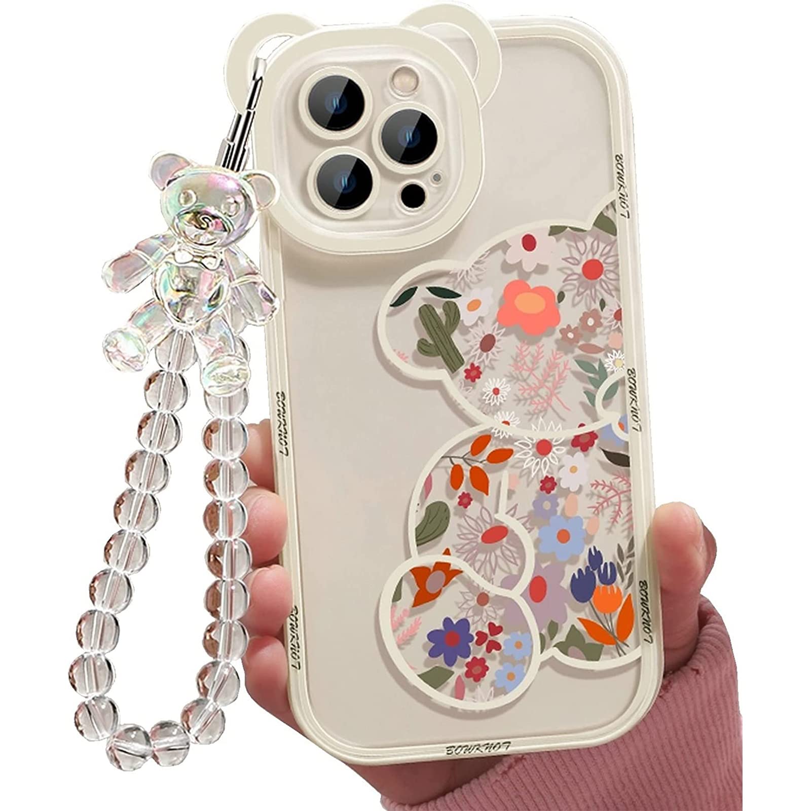 Aitipy Compatible With Iphone 12 Case, Cute Flowers Floral Bear Cover With Lovely Wrist Strap Bracelet Chain For Girls Women, Cl