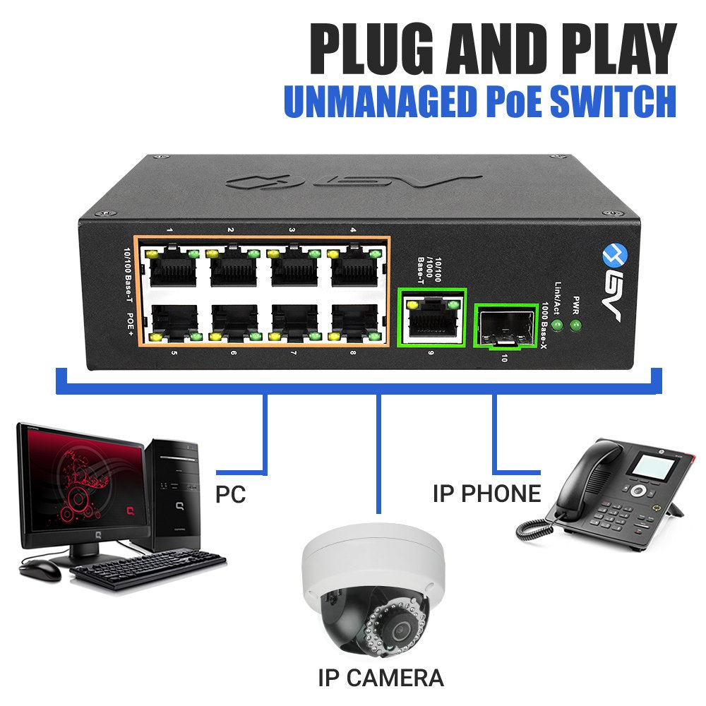 Bv Tech 8 Port Poe Switch With 1 Gigabit Uplink And Industrial Din Rail   Power Over Ethernet Network Switch For Ip Cameras, Voi