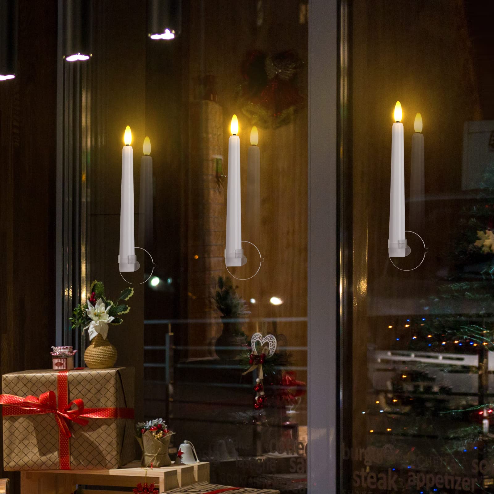 Fpoo Flameless Taper Candles Flickering With Remote Timer, 4Pcs Battery Operated Window Candles With Gold Candlesticks And Sucti