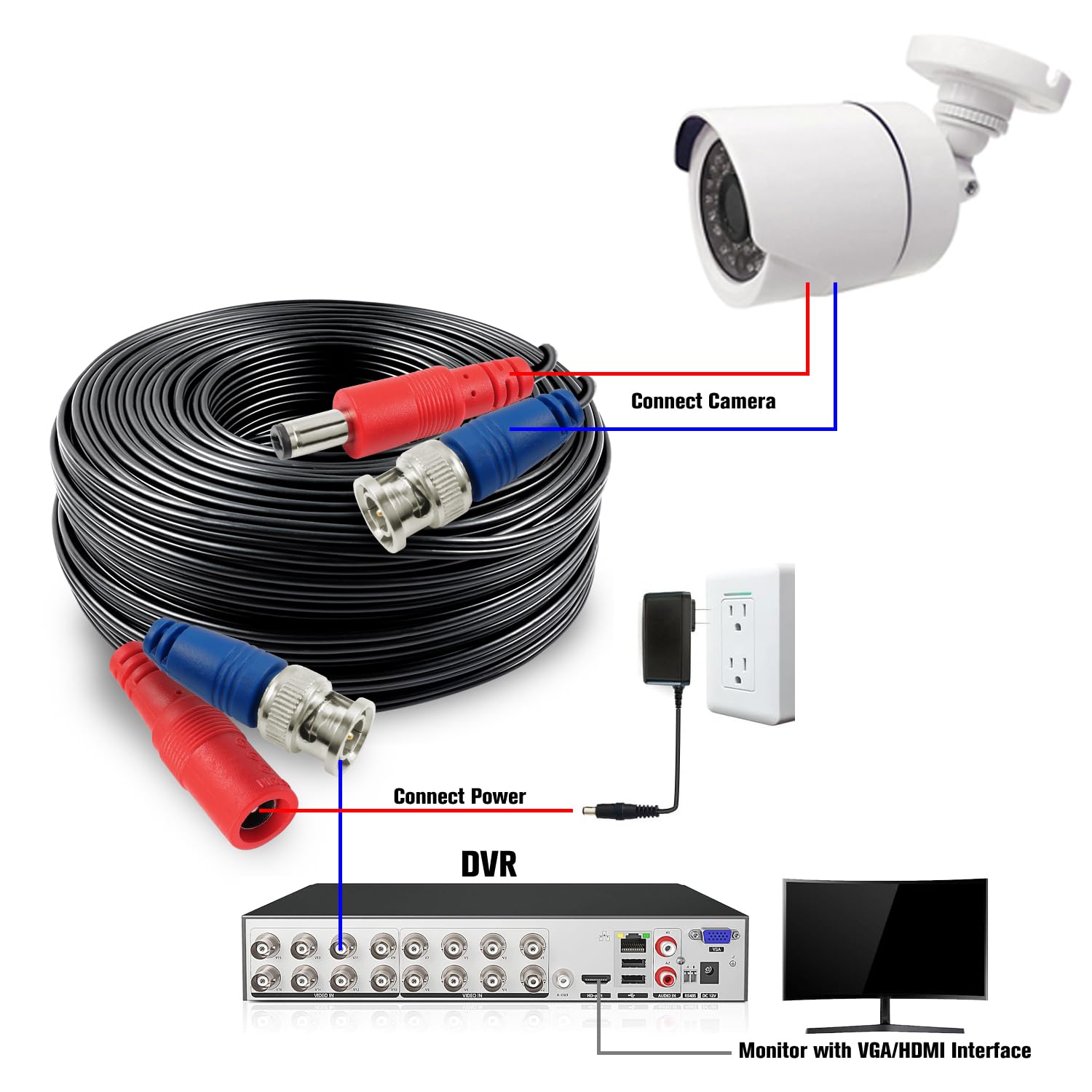 Shd 2Pack 200Feet Bnc Vedio Power Cable Camera Video Bnc Cable Wire Cord For Surveillance Cctv Security System With Connectors(B