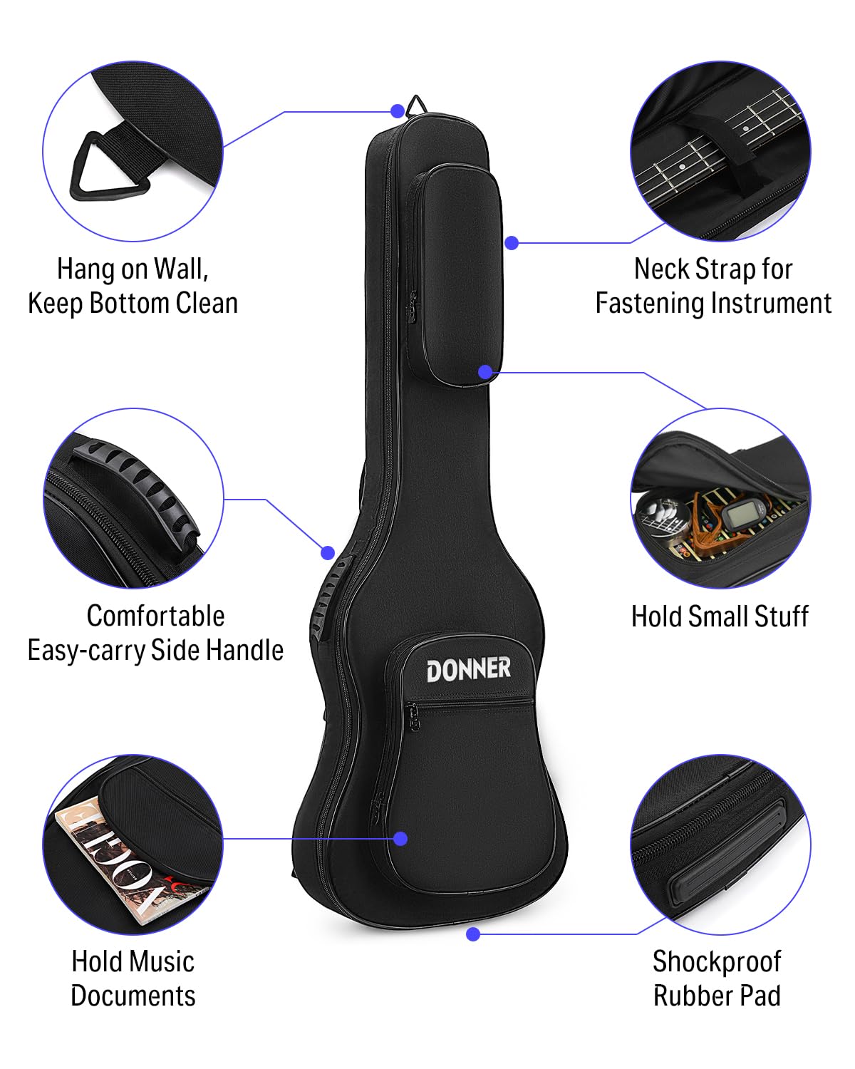 Donner 47 Inch Bass Guitar Case, 0.4 Inch Thick Padding Sponge 600D Ripstop Waterproof Nylon Soft Electric Bass Guitar Gig Bag W