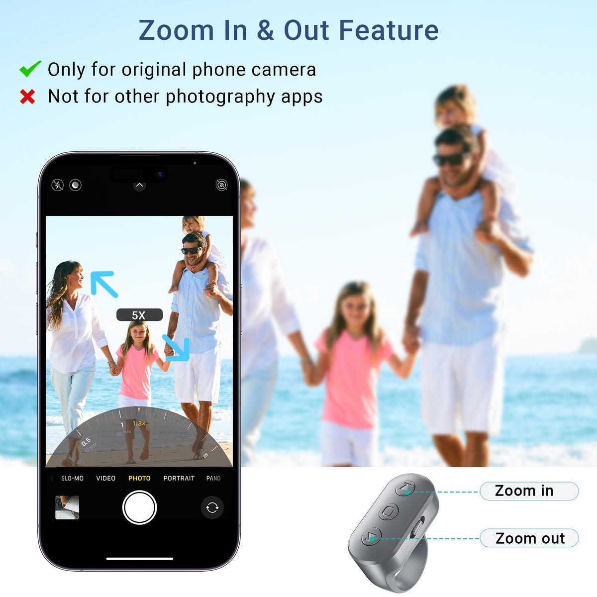 Phone Camera Ring Remote Control with Zoom in/Out, Rechargeable Shutter ...
