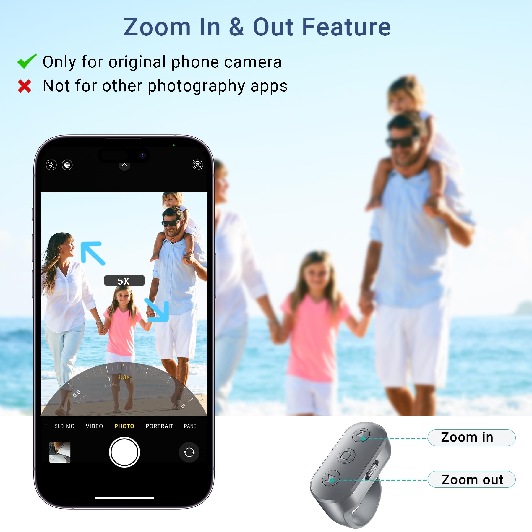 Phone Camera Ring Remote Control With Zoom In/Out, Rechargeable Shutter With Front/Rear Camera Switch For Iphone Android Ipad, H