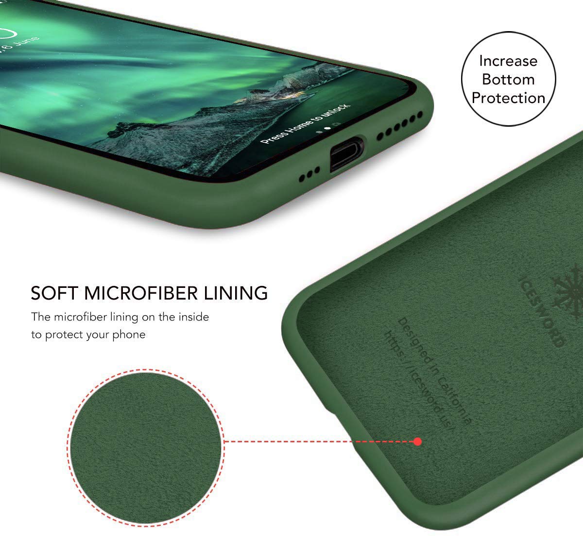 Icesword Iphone 11 Case Dark Green, Thin Liquid Silicone Case, Soft Silk Microfiber Cloth, Matte Pure Dark Green, Gel Rubber Ful