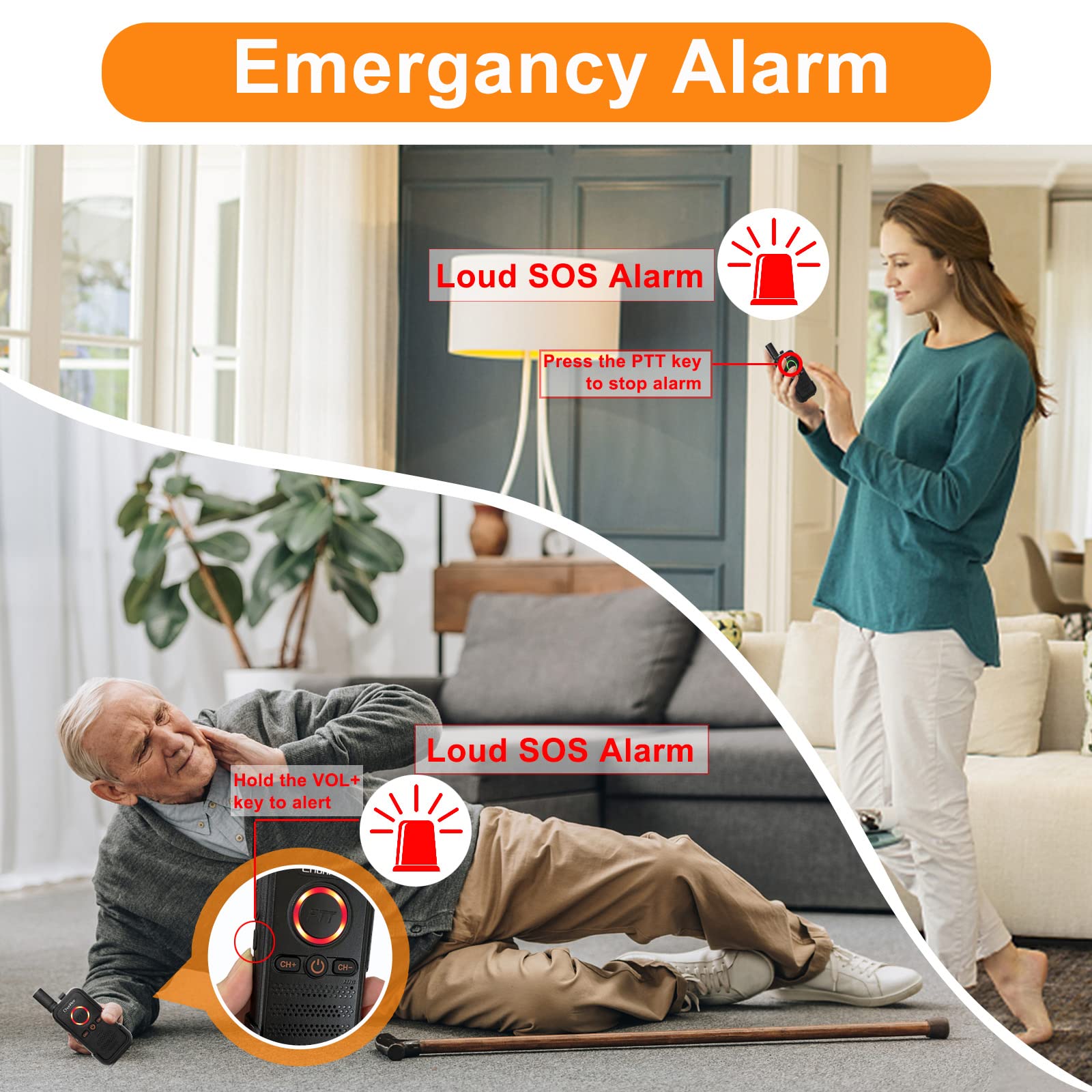Chunhee 2 Pack Black Intercoms Wireless For Home Caregiver Pager Intercom For Elderly With Emergency Sos Alarm, 1.5 Miles Long R