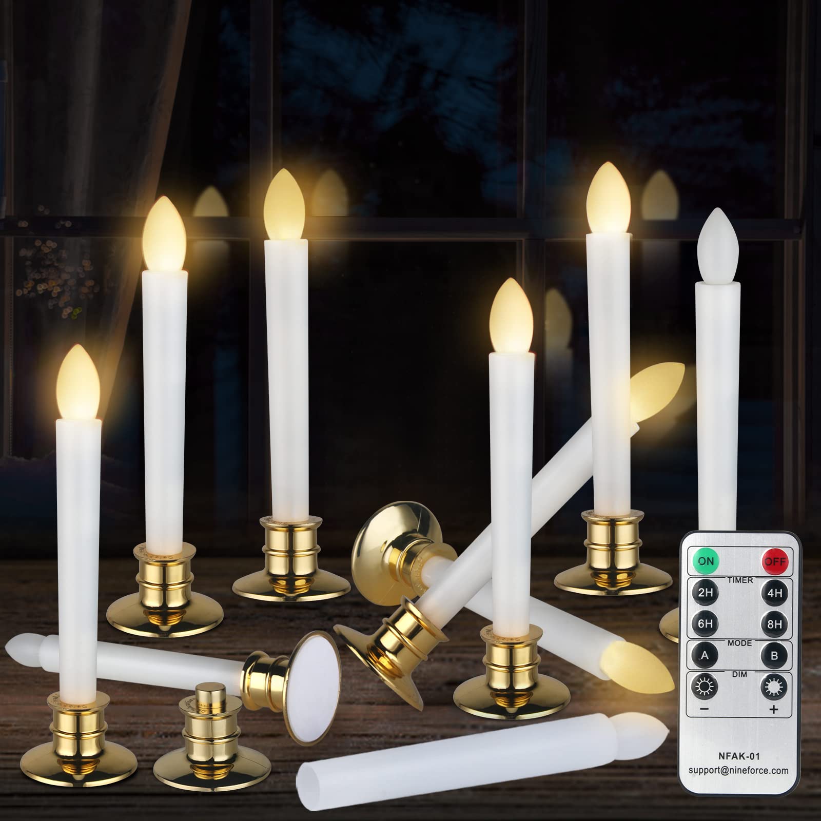 10 Pack Flameless LED Taper Candles with Remote & Timer - Battery Operated Flickering Window Candlesticks with Gold Holders - Sa