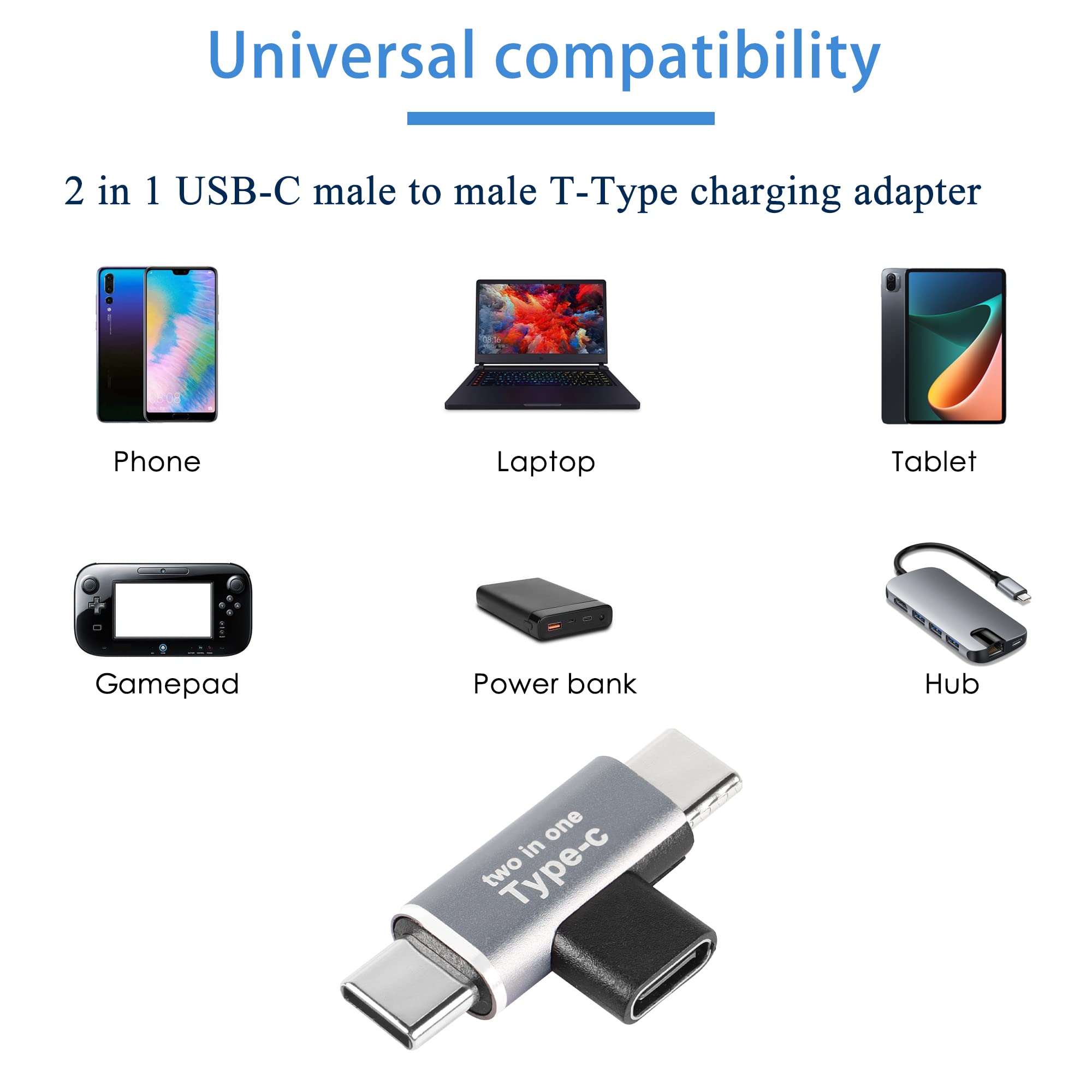 Qianrenon 2 In 1 Usb C Charging Power Splitter Adapter Type C 1 Female To 2 Male T Type Charging Connector, Only For Charging,2