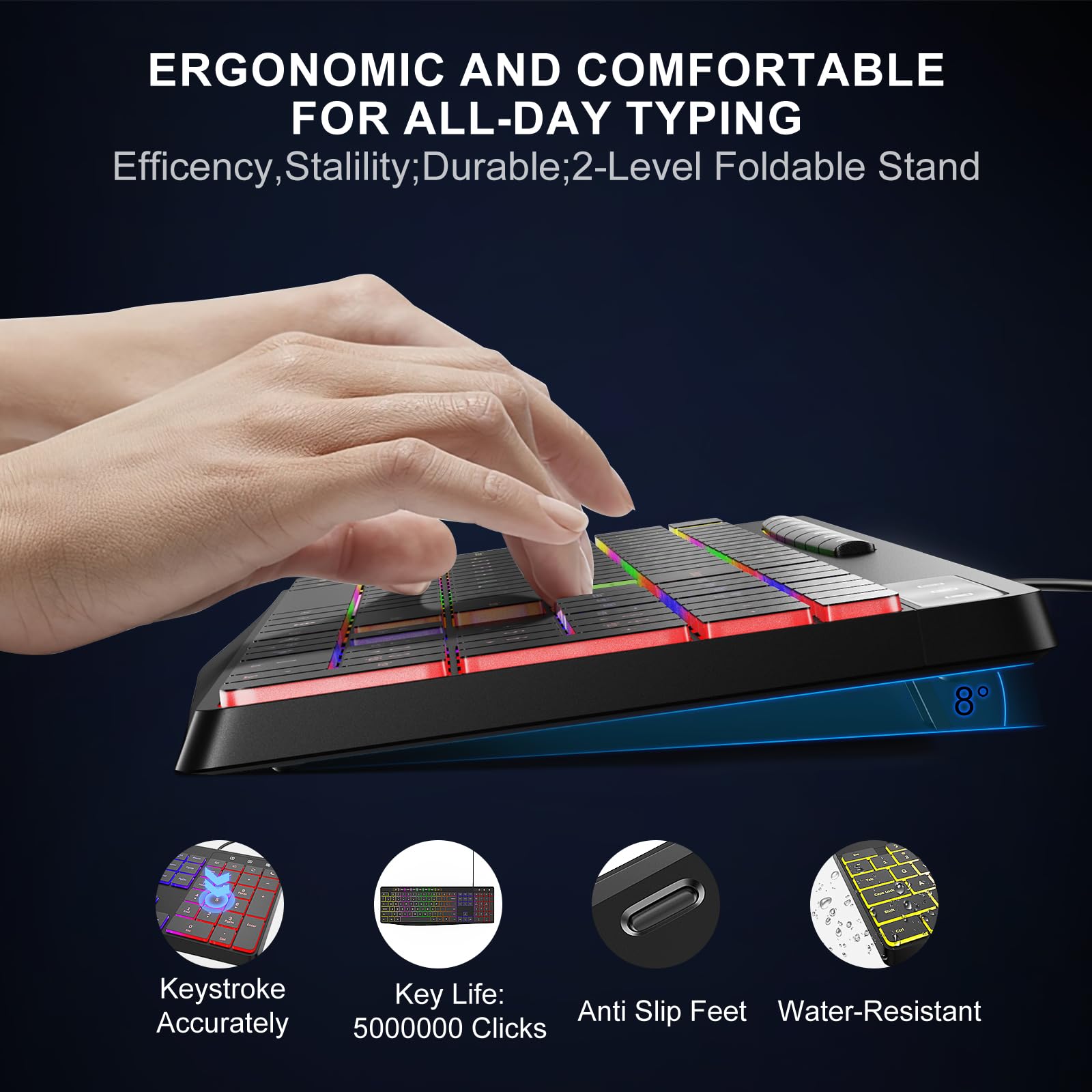 Computer Keyboard Wired,7 Color Rainbow Led Backlit, Quiet Light Up Keyboard With Multimedia Keys,Low Profile Chiclet Keys,Large