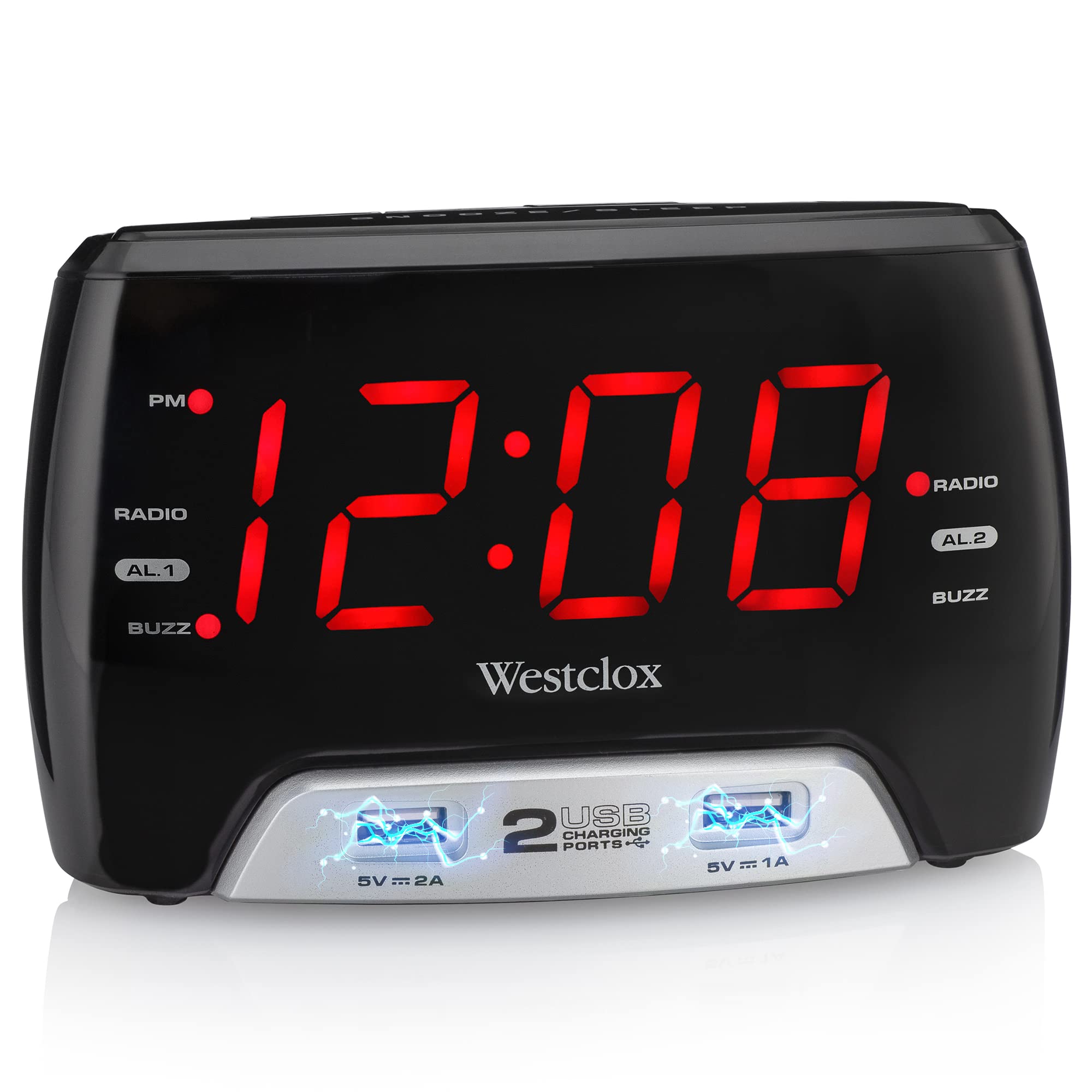 Westclox Large 1.4� Red Led Digital Fm Clock Radio With Dual Usb A & C Charging Ports, Adjustable Brightness, Dual Alarms & Sleep Timer � Modern Alarm Clock For Bedroom, Home, Or Office (Black)