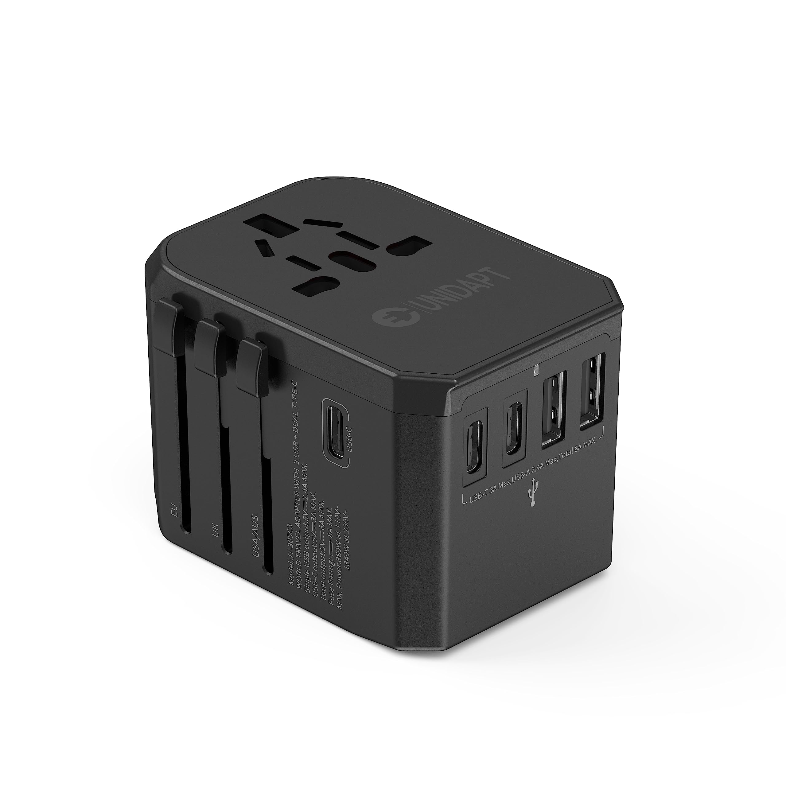 International Power Plug Adapter, Unidapt Universal Travel Adapter With 3 Usb C And 2 Usb A Ports, European Worldwide Wall Charg