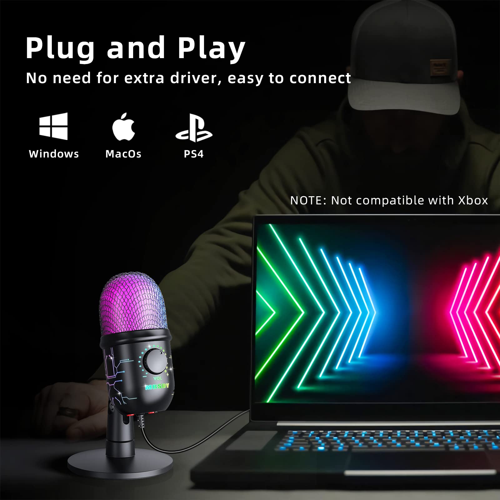 Mrsdy Gaming Microphone, Usb Computer Microphone For Pc, Mac, Ps4/5, Condenser Podcast Mic For Studio Recording, Youtube, Stream