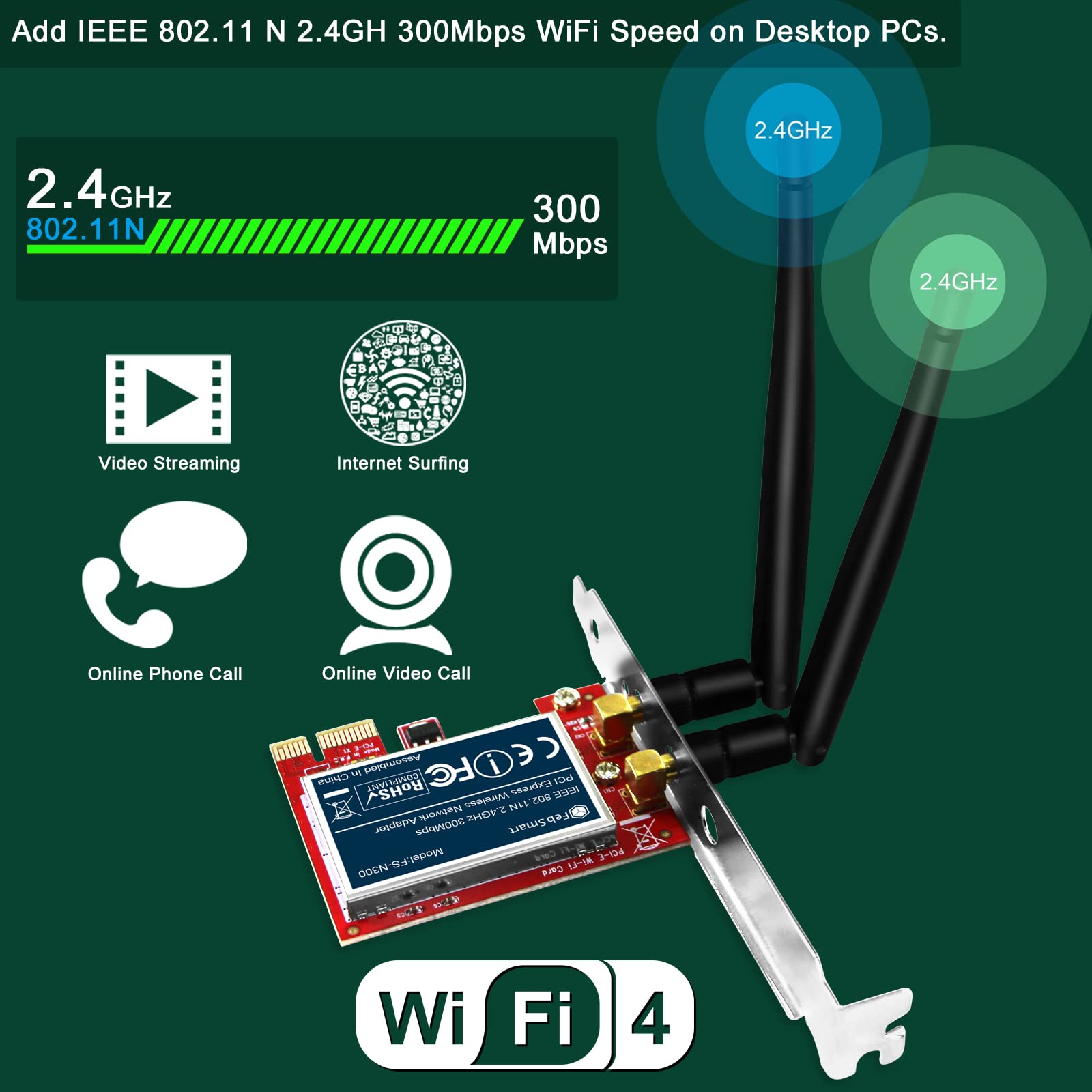 Febsmart Wireless N 2.4Ghz 300Mbps Pcie Wireless Network Adapter For Windows 11, 10, 8.1, 8, 7, Xp (32/64Bit), Windows Server And Linux Pcs, Pcie Wifi Card, Pcie Wifi Adapter (Fs N300)