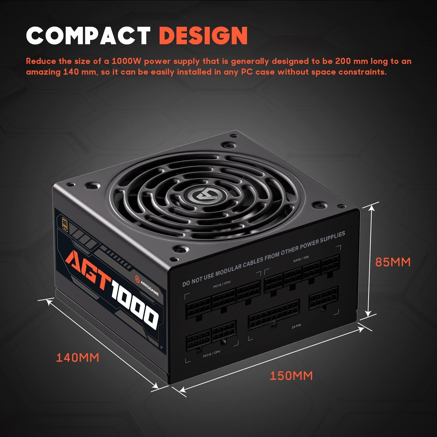 ARESGAME AGT 1000W Power Supply, 80+ Gold, Fully Modular, Compact 140mm, 10 Year Warranty, ATX Gaming