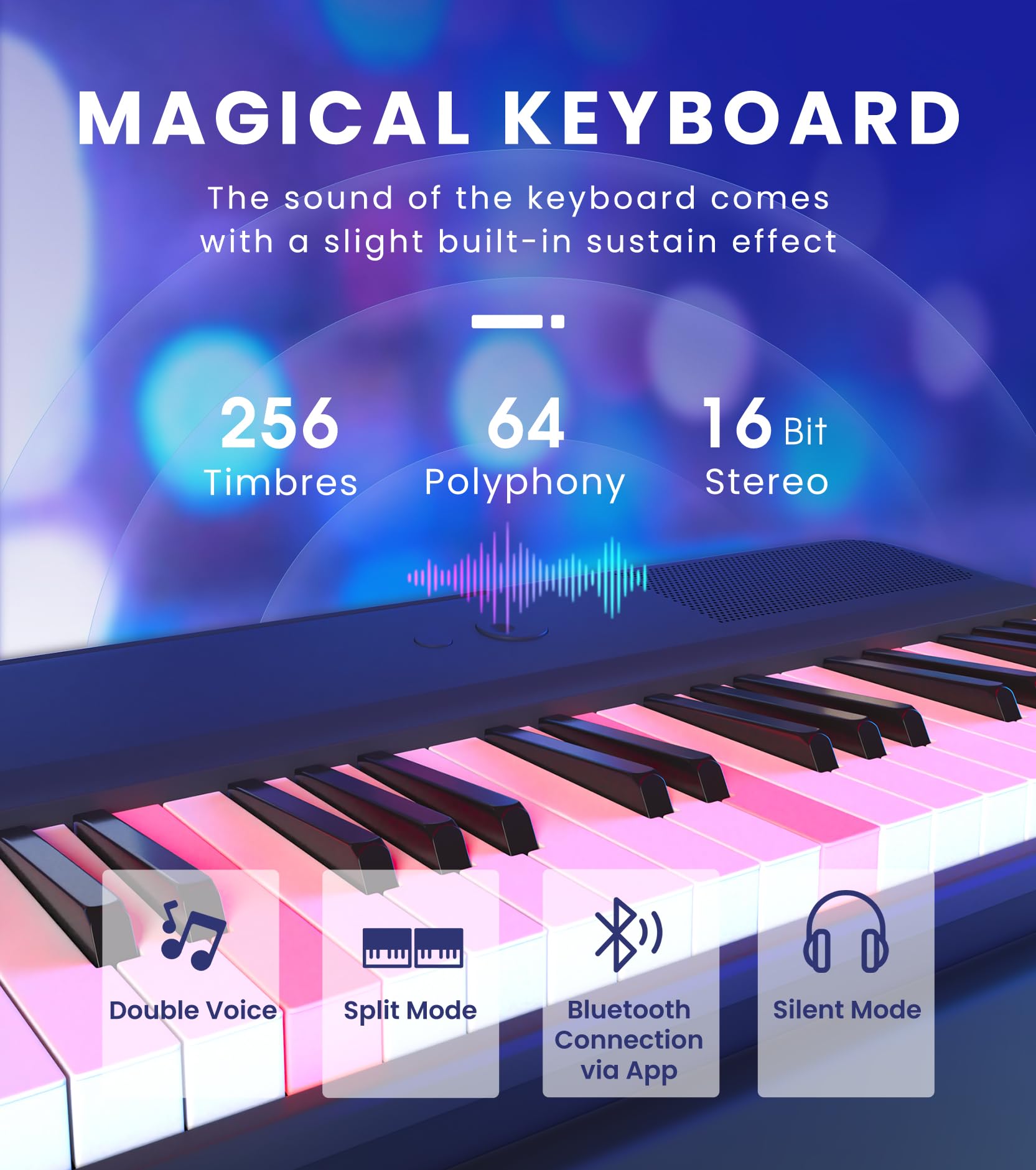 The One Smart Keyboard SK-COLOR - 61 Keys Piano with 256 Timbres, 64 Polyphony, Blue, Built-in LED Lights