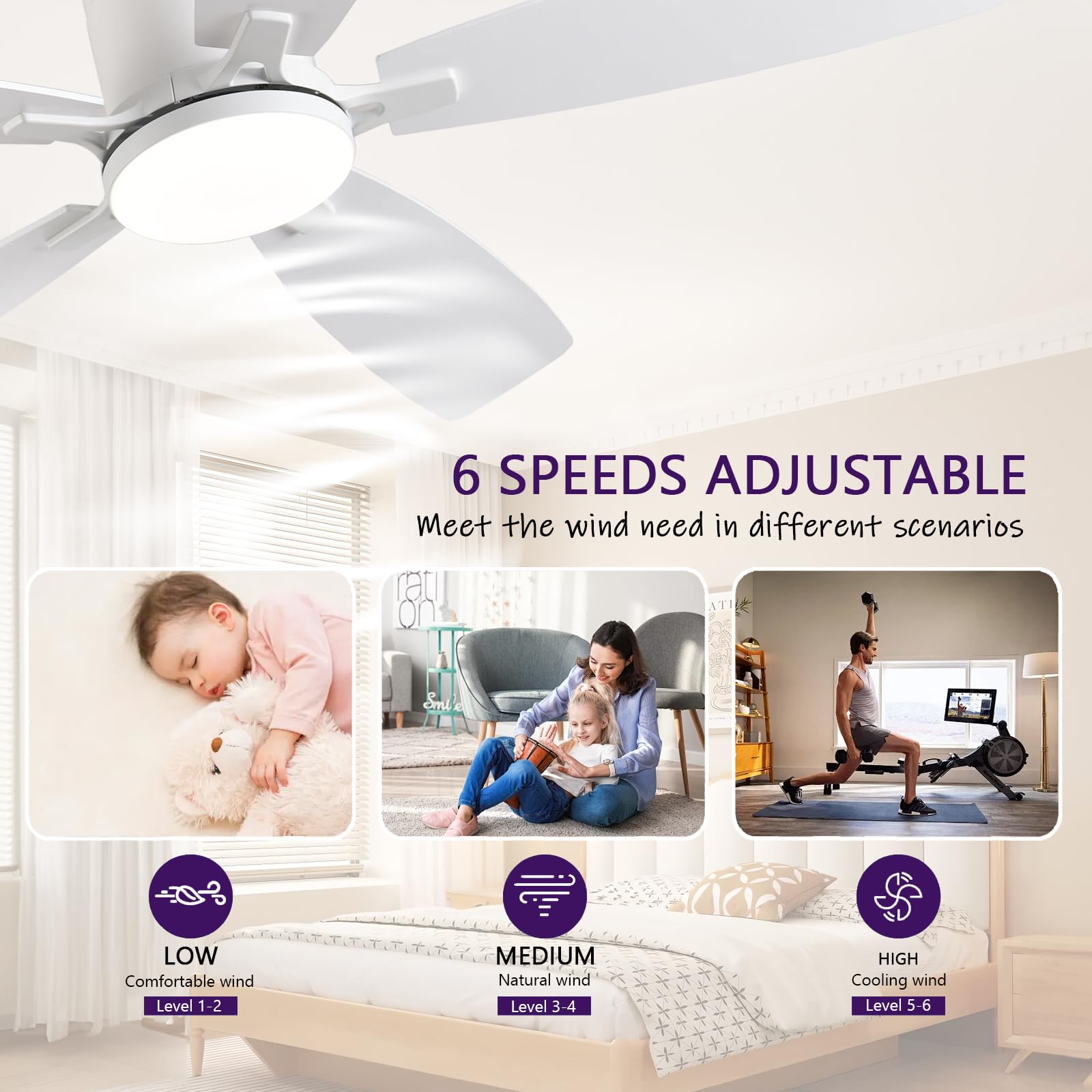 52Inch Flush Mount Ceiling Fans With Lights And Remote/App Control, Dimmable Led, Reversible Dc Motor, Noiseless, Low Profile Wh