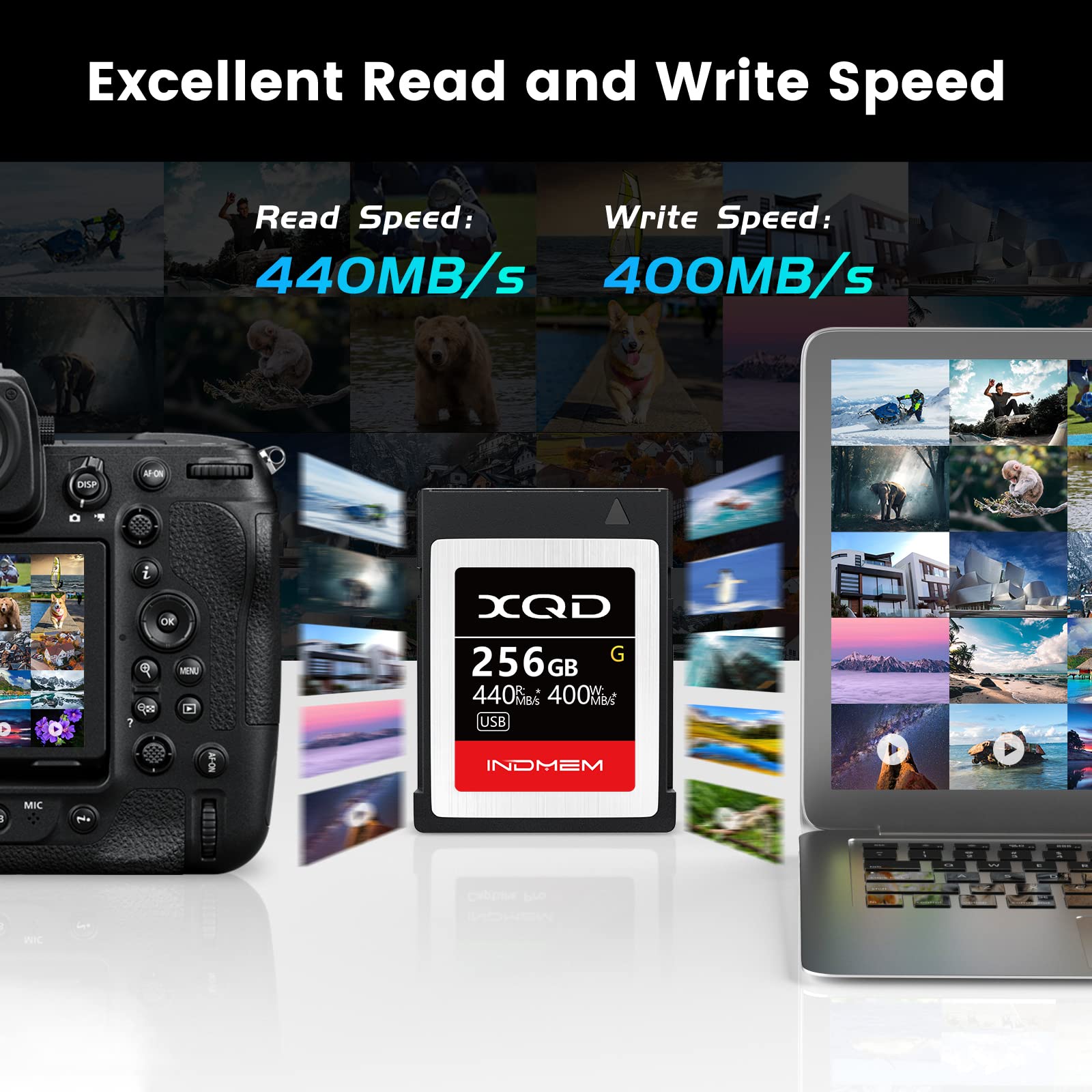 Indmem Xqd 256Gb Memory Card, 5X Tough Mlc Xqd Flash Memory Card High Speed G Series| Max Read 440Mb/S, Max Write 400Mb/S