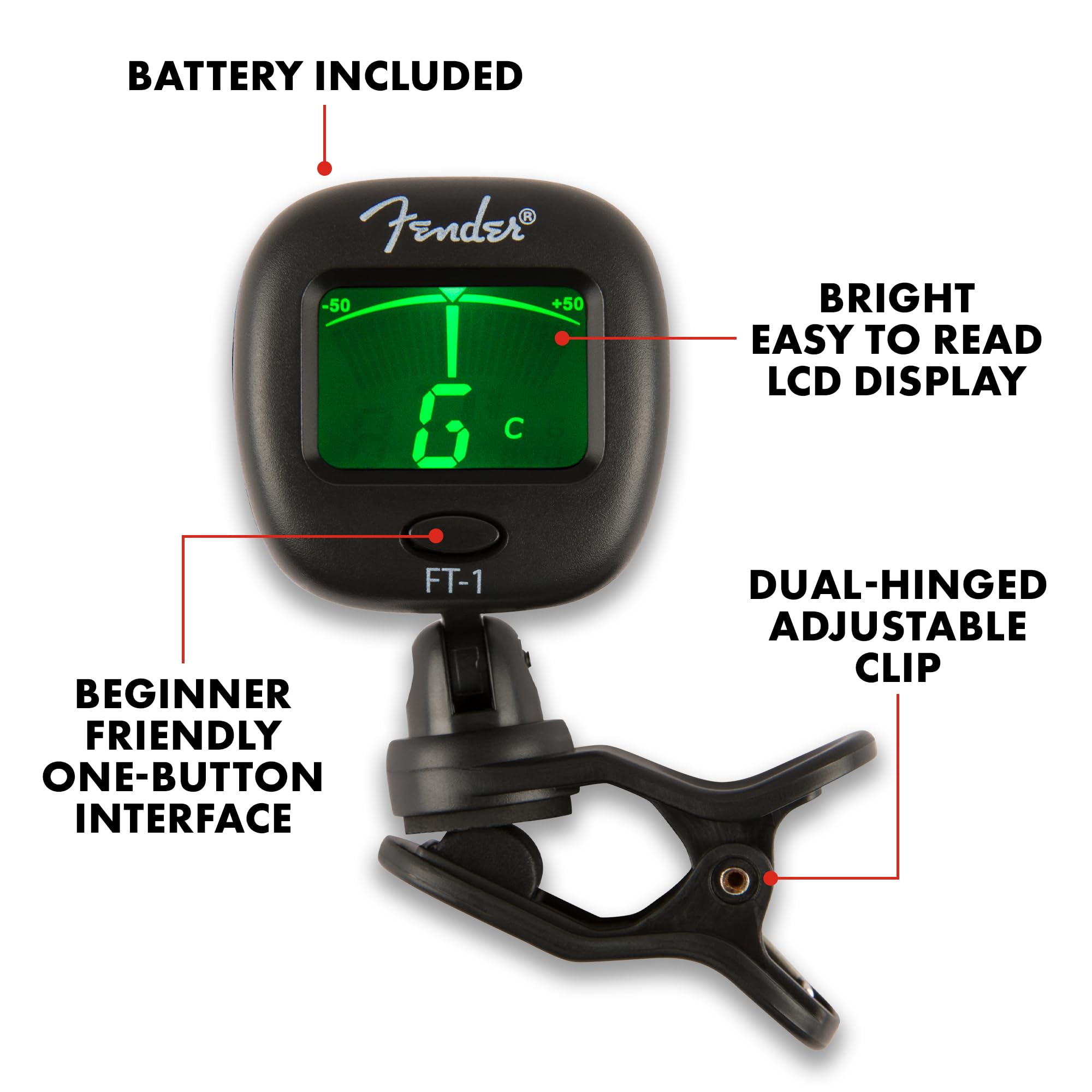 Fender Ft 1 Professional Guitar Tuner Clip On, With 1 Year Warranty, Full Range Chromatic Guitar Tuner With Dual Rotating Hinges