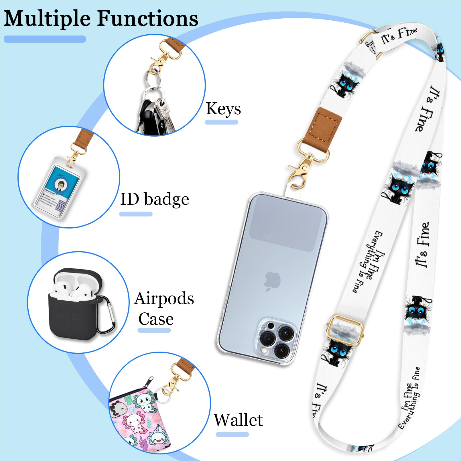 Phone Lanyard Crossbody With Wrist Strap, Black Cat Cell Phone Lanyards For Around The Neck Wristlet Adjustable Phone Strap, Fun