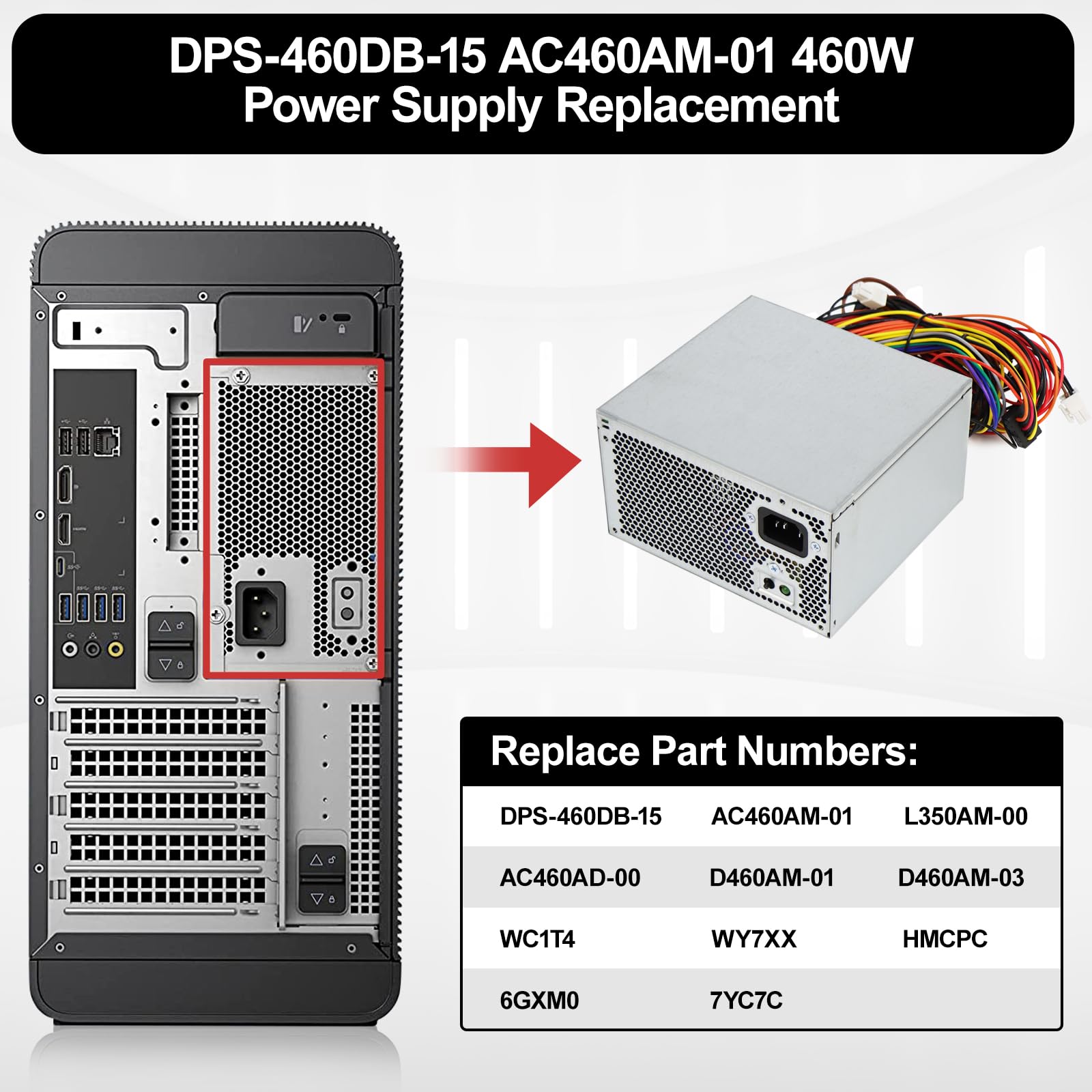 Lxun Upgrad Hu460Am 01 Wc1T4 D460Am 03 460W Power Supply Compatible With Dell Xps 8930 8920 8910 8900 8700 8300 Alien Ware Aurora R5 Replacs Dps 460Db 15 Ac460Am 01 Wy7Xx L350Am 00 Ac460Ad 00 Psu