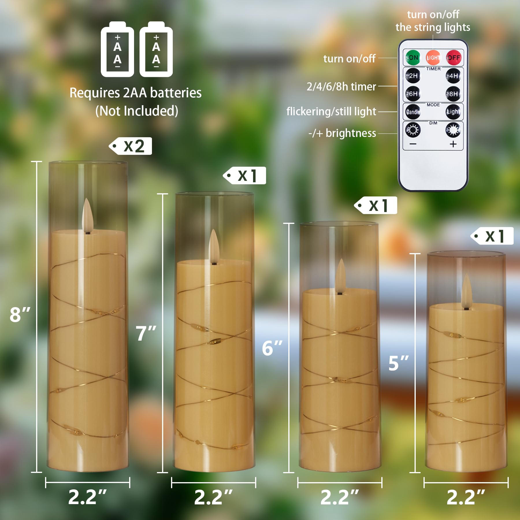 Zevanor Flameless Flickering 2.2'' X5'' 6'' 7'' 8'' 8'' Candles, Led Battery Operated Gold Clear Plastic Timer Pillar Realistic