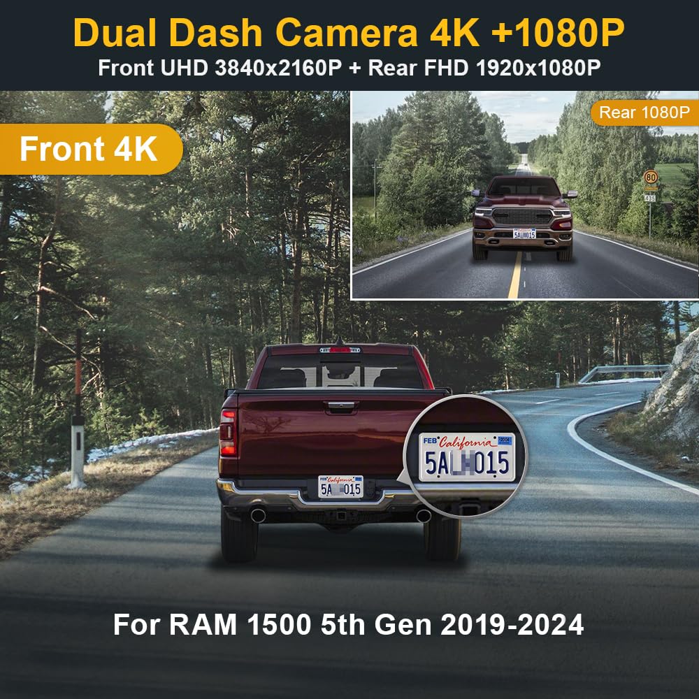 Fitcamx Front 4K+Rear 1080P Dash Cam Adapts For Dodge Ram 1500 (Model B) 2019 2024 Rebel Big Horn Laramie, Oem Look, Dual Hd Vid