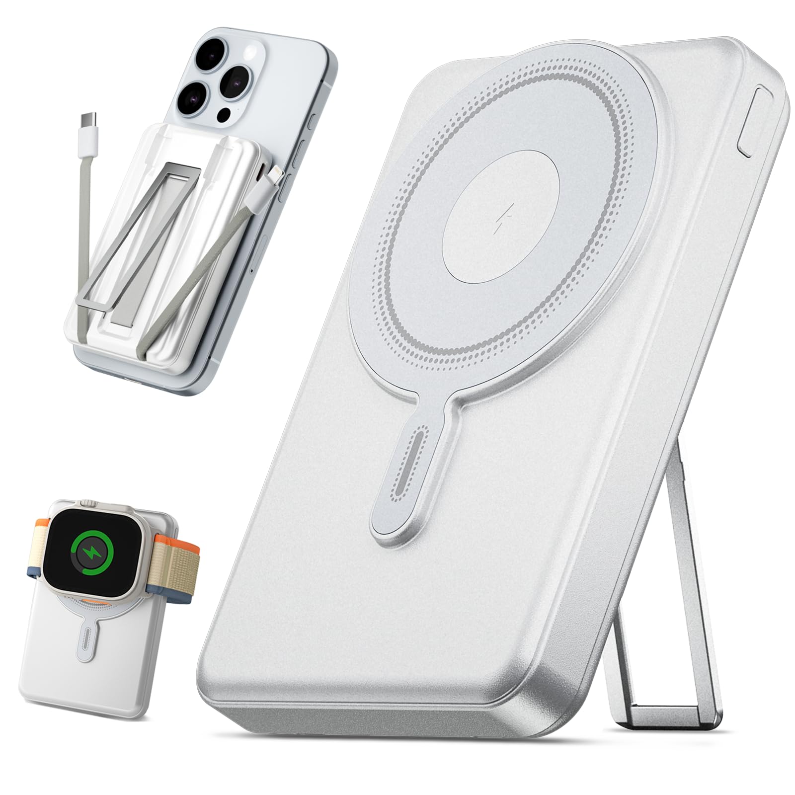 eazpower for Magsafe Power Bank 10000mAh, Magnetic Wireless Battery Pack with Stand and Cables, PD 20W Fast Charging Portable Ch