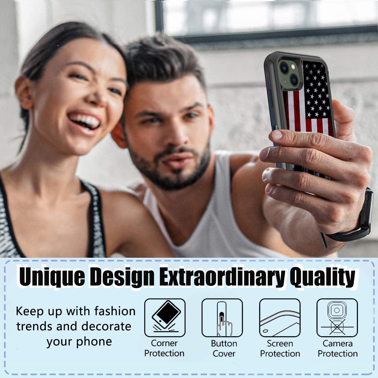 OTTARTAKS iPhone 13 14 Case Heavy Duty Shockproof with Screen Protector Old American Flag Design Silicone Red 6.1in