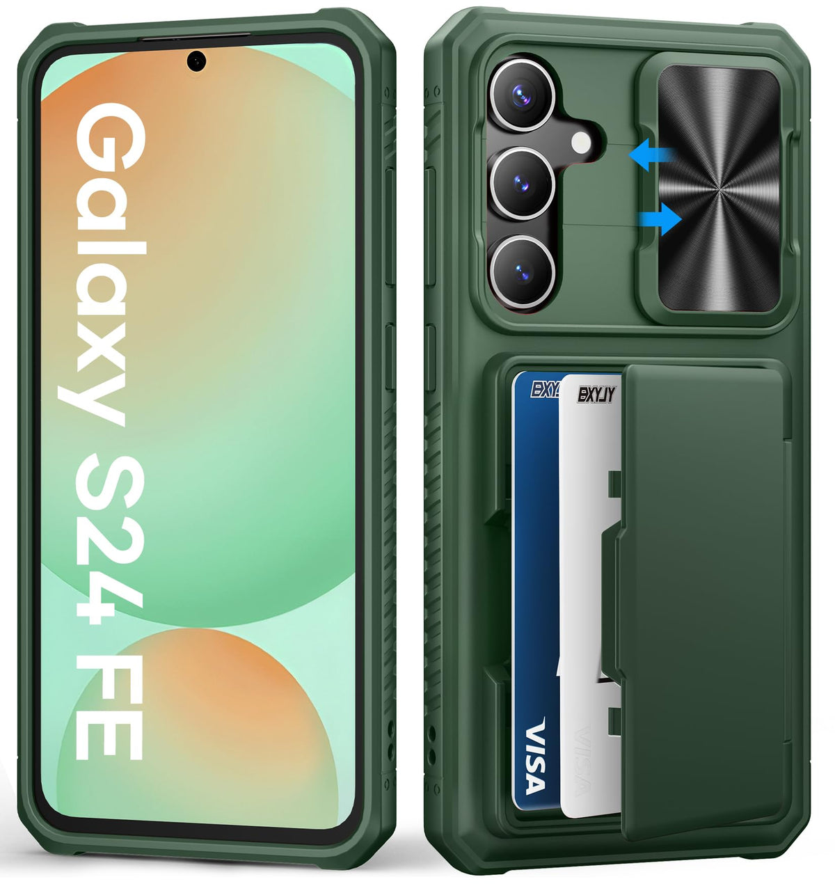 Bxyjy For Samsung Galaxy S24 Fe Case With Card Holder (Store 4 5 Cards), Rfid Blocking, Slide Lens Cover, Military Grade Drop Pr