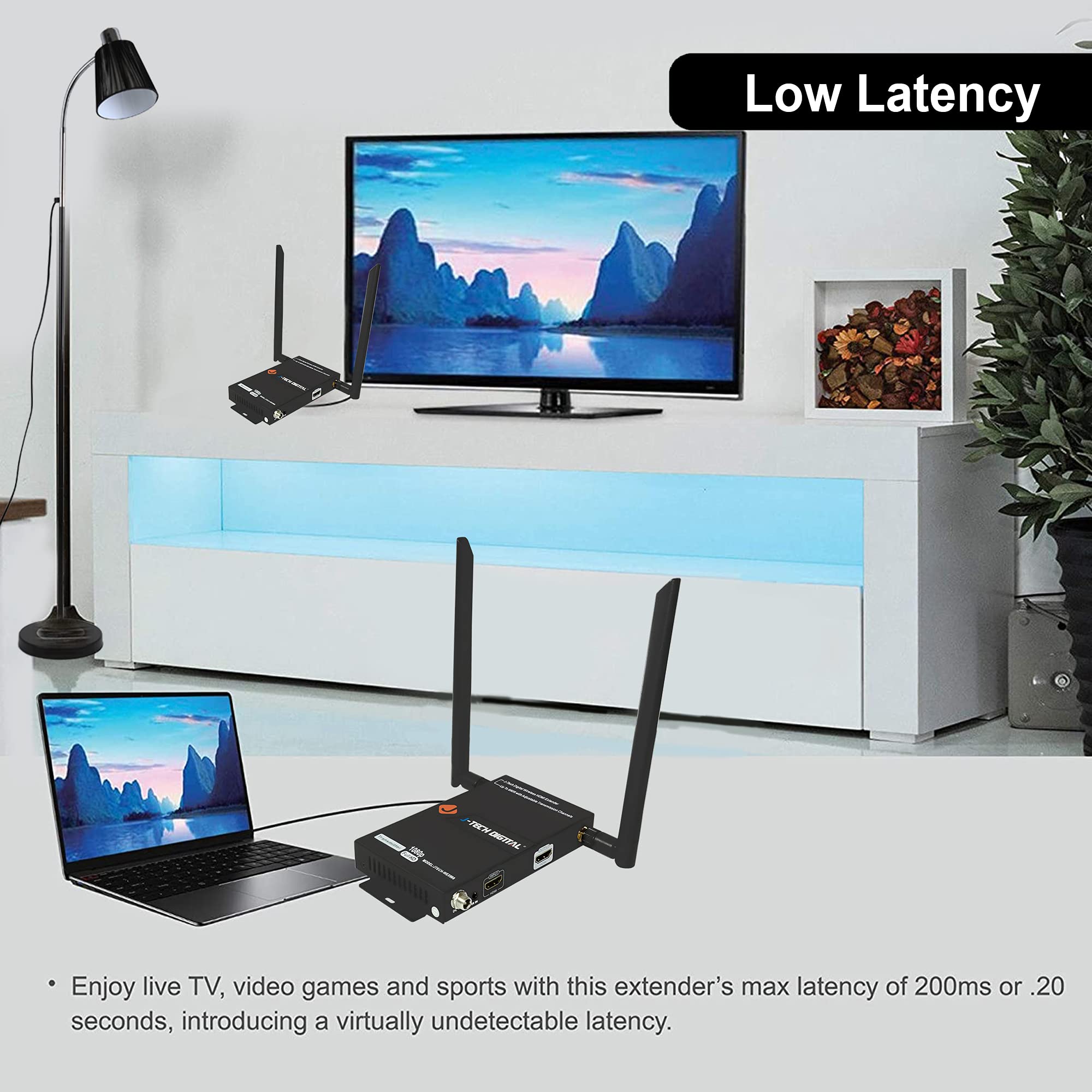 J Tech Digital Wireless Hdmi Extender 1080P Up To 660 Ft Extension, Transmitter & Receiver Kit Selectable Frequencies To Limit I