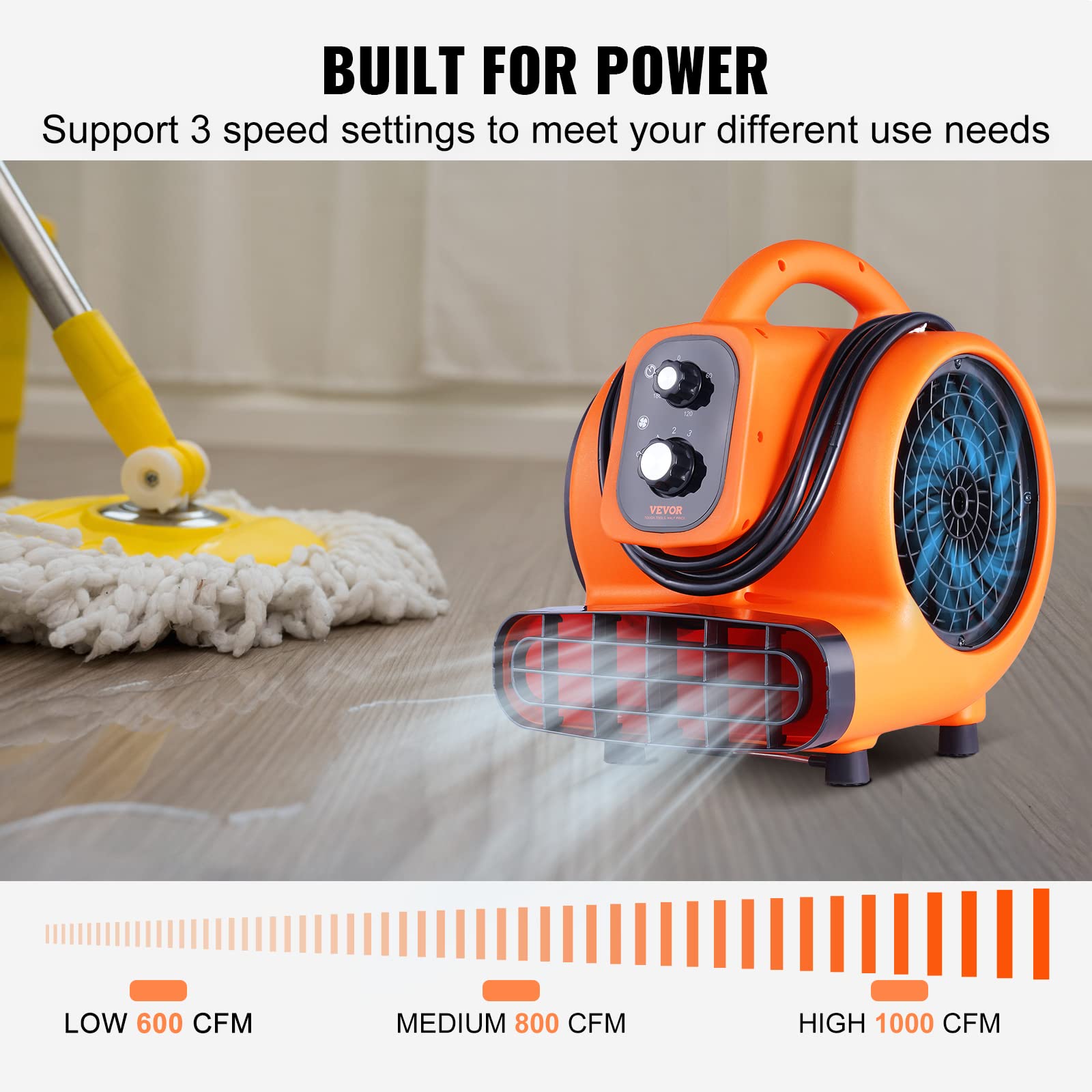 Vevor Air Mover, 1/4 Hp 1000 Cfm Carpet Dryer For Cooling And Ventilating, Portable Floor Blower Fan With 4 Blowing Angles And T
